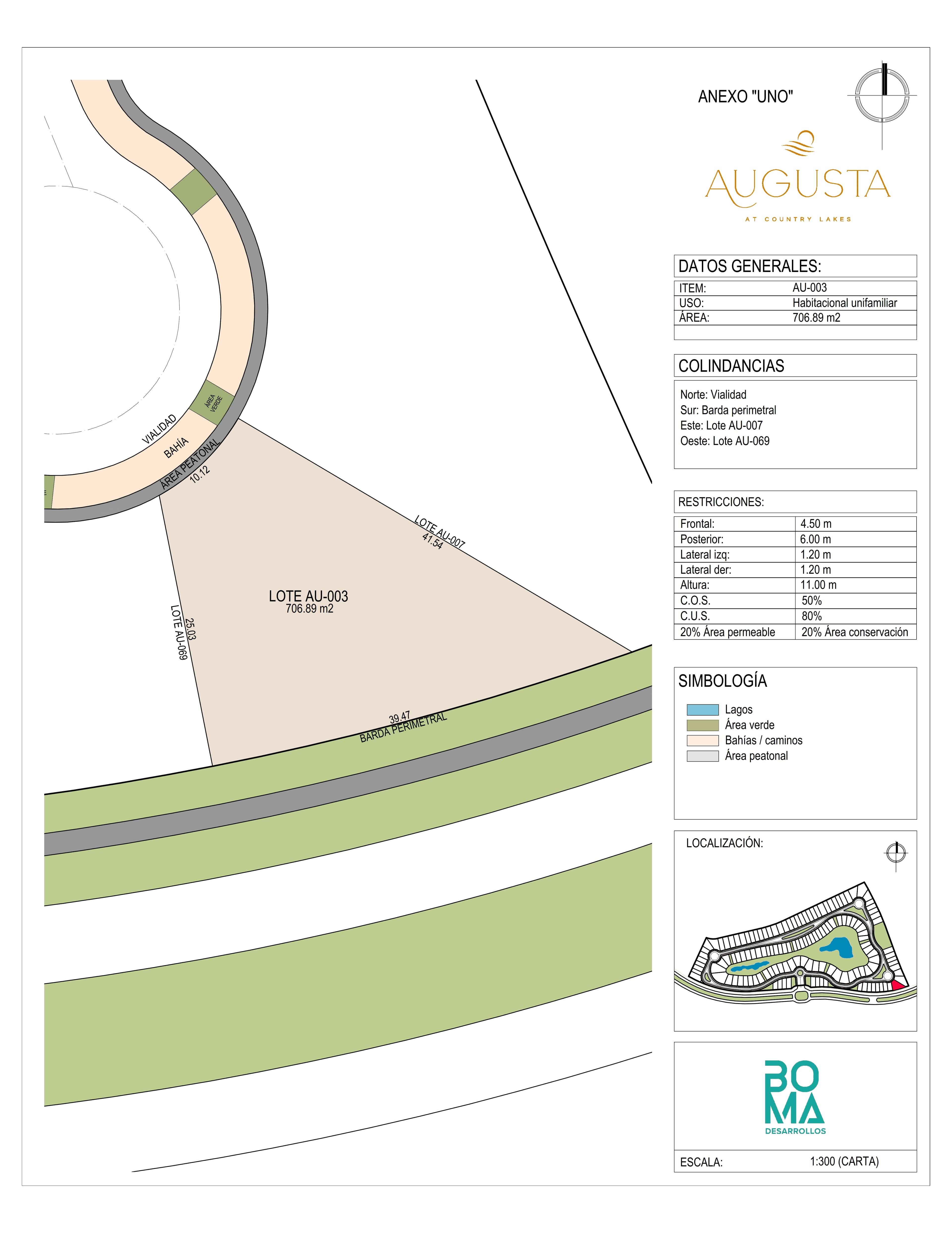 Plano técnico del lote Aug-003 en Augusta at Country Lakes