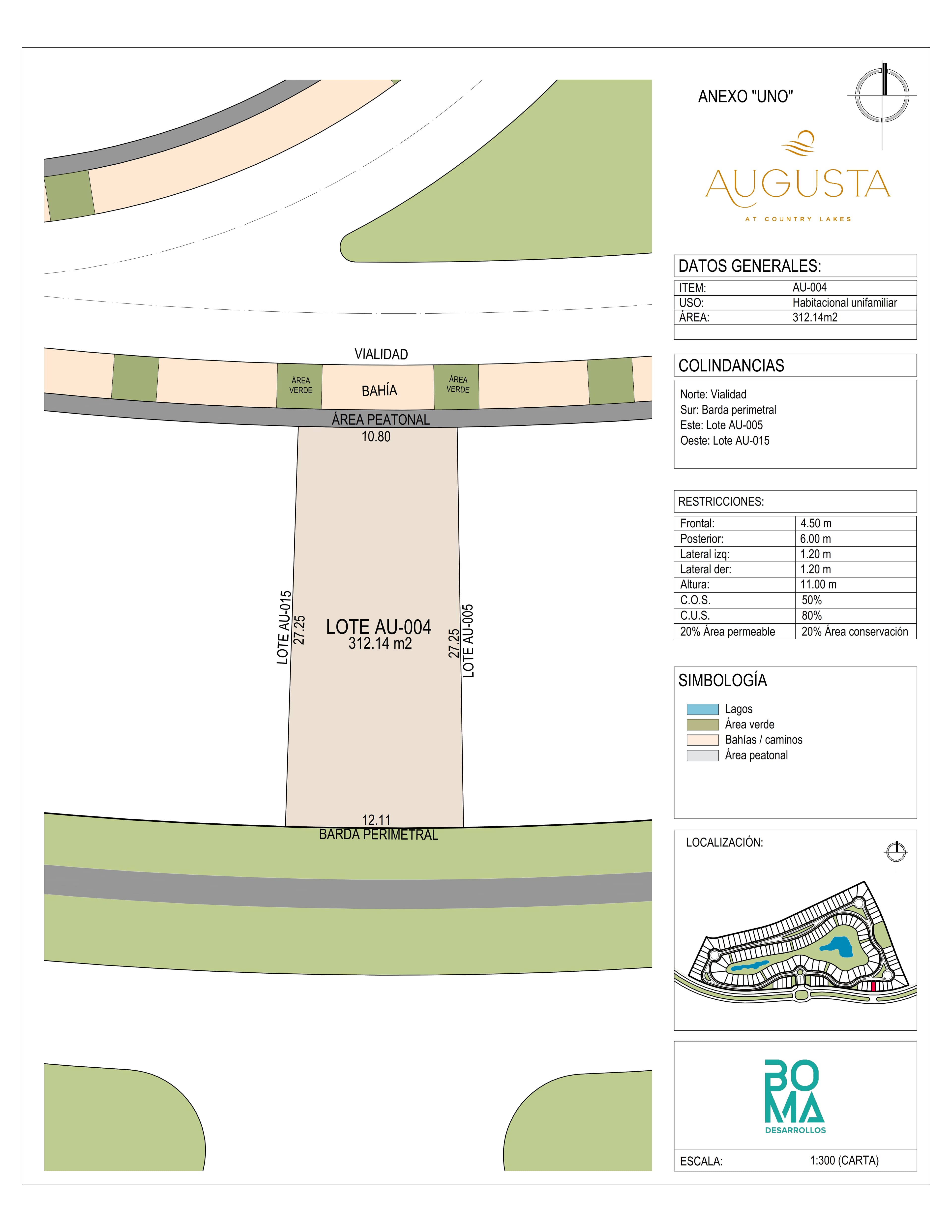 Plano técnico del lote Aug-004 en Augusta at Country Lakes