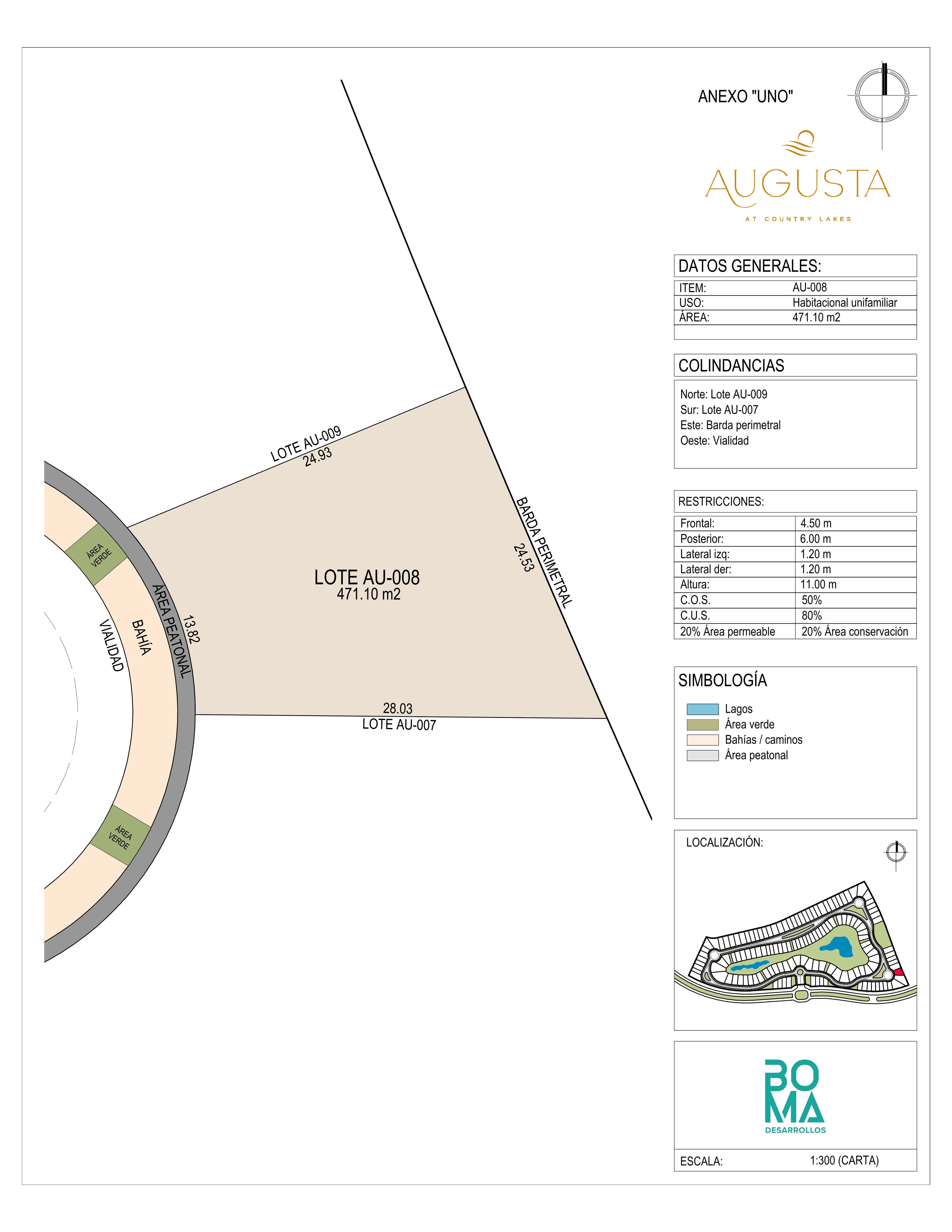 Plano técnico del lote Aug-008 en Augusta at Country Lakes