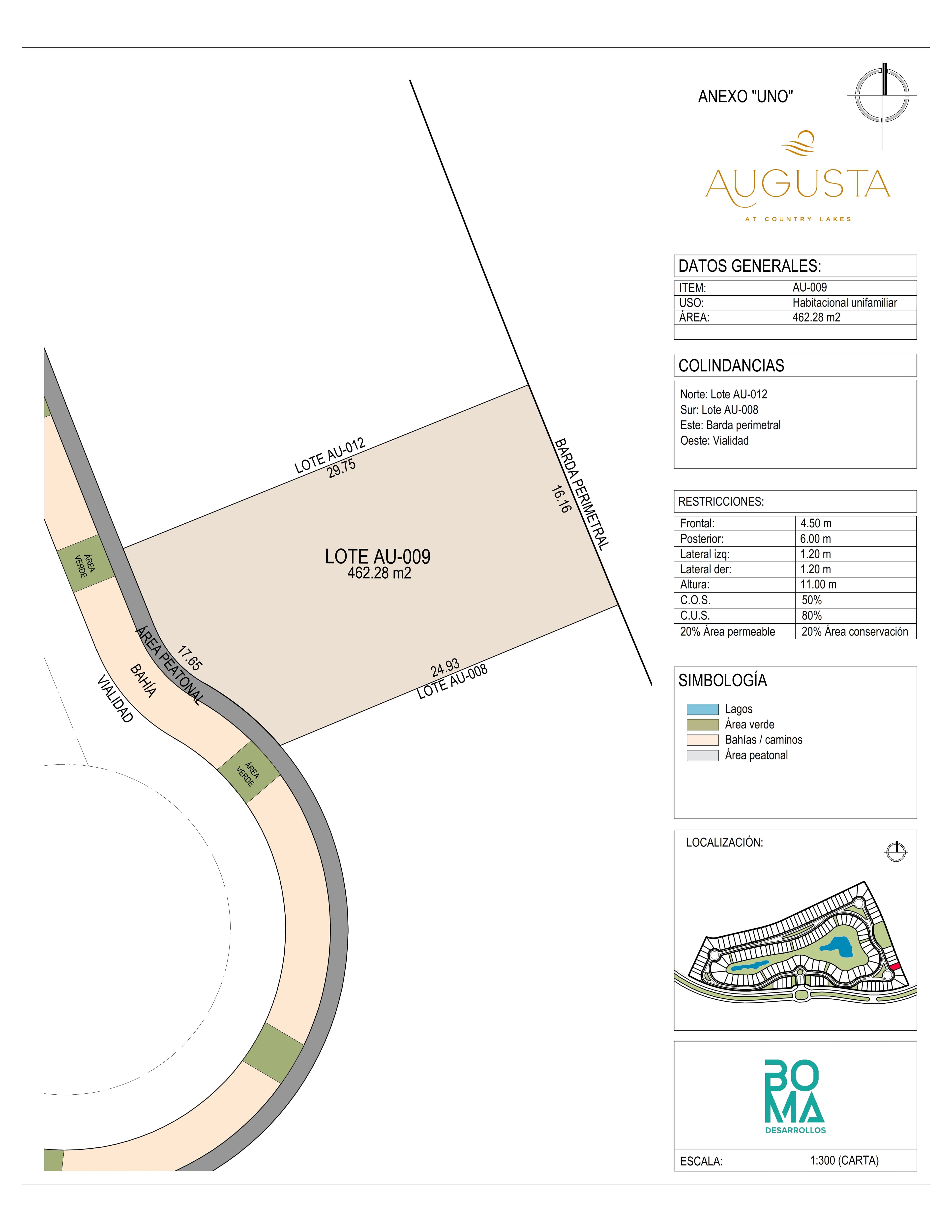 Plano técnico del lote Aug-009 en Augusta at Country Lakes