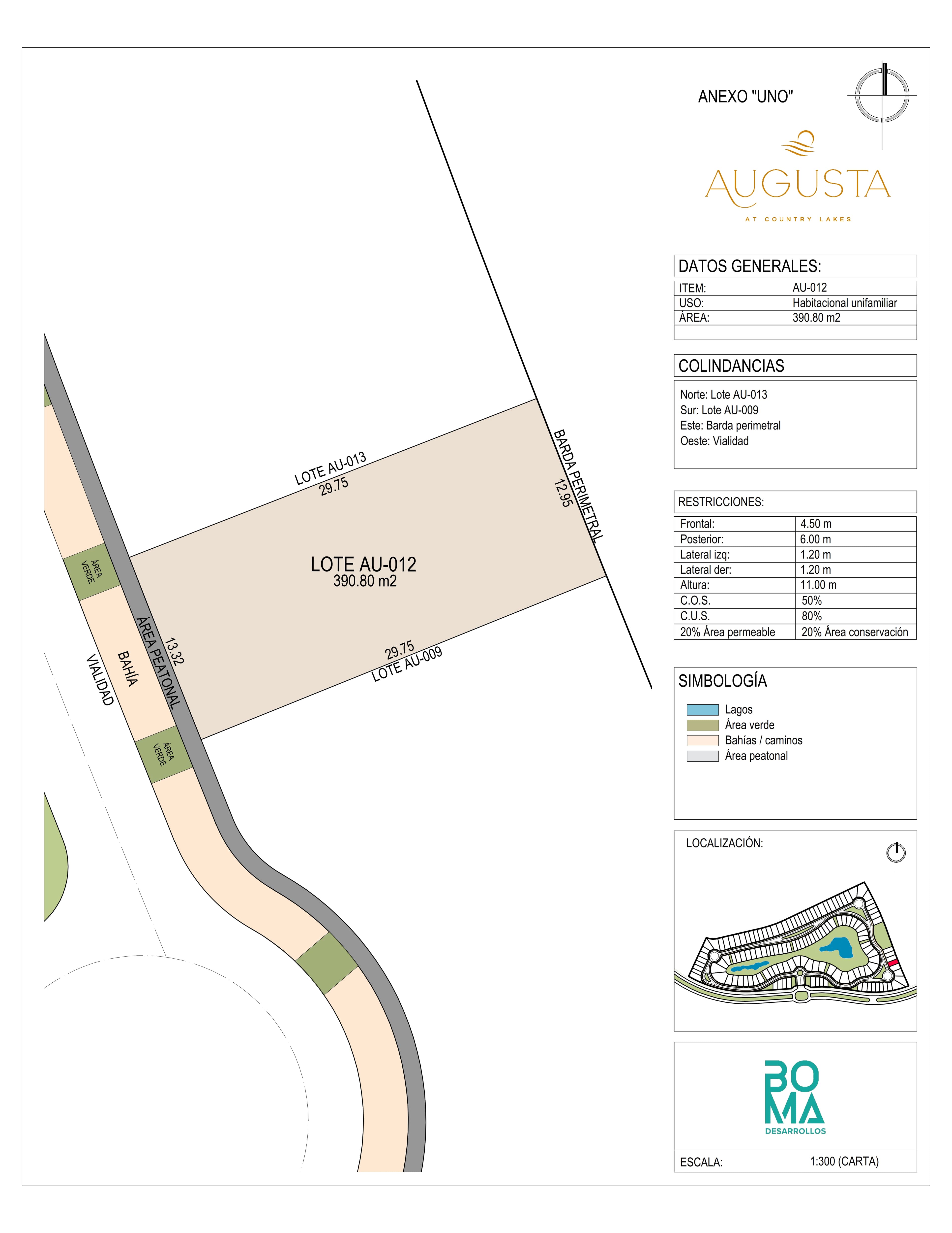 Plano técnico del lote Aug-012 en Augusta at Country Lakes