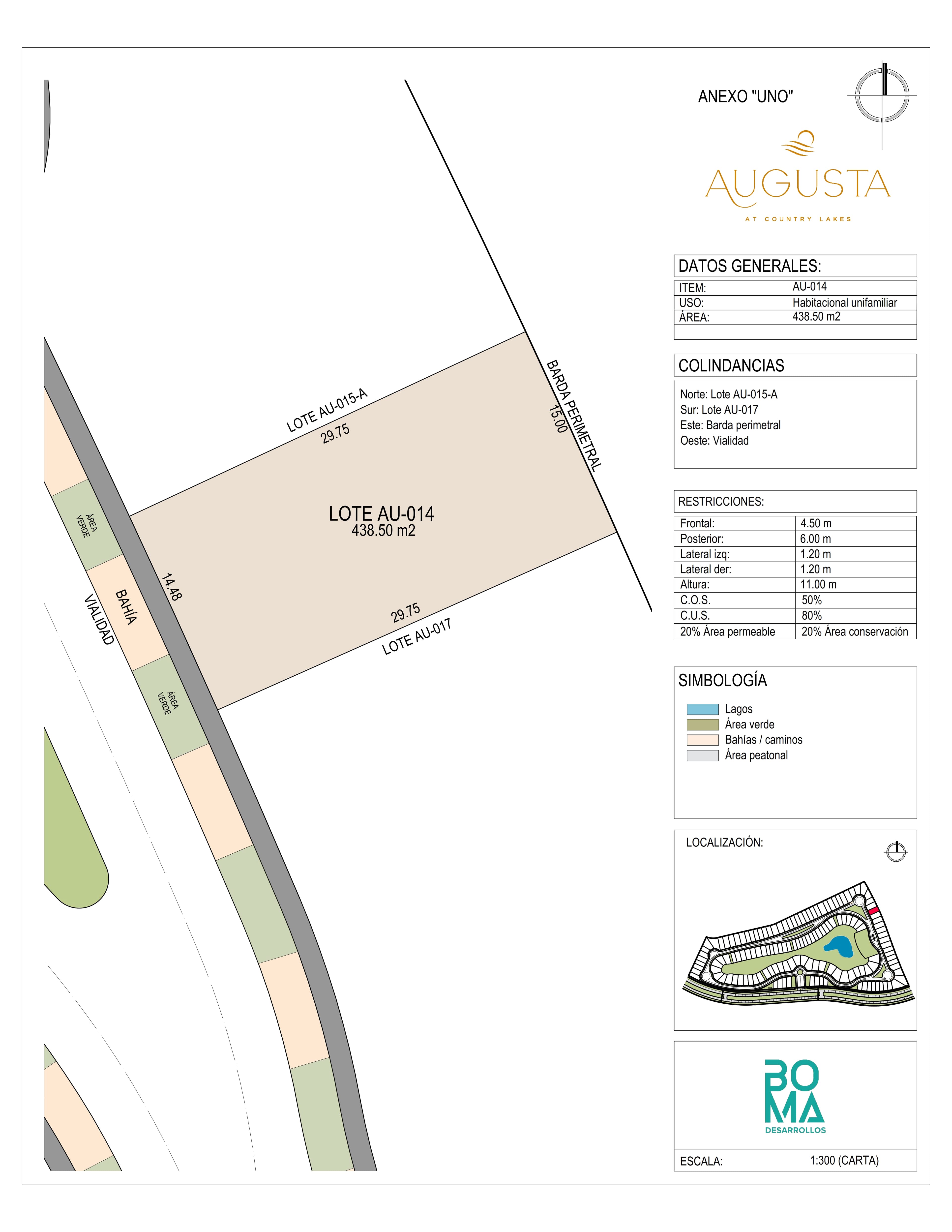 Plano técnico del lote Aug-014 en Augusta at Country Lakes