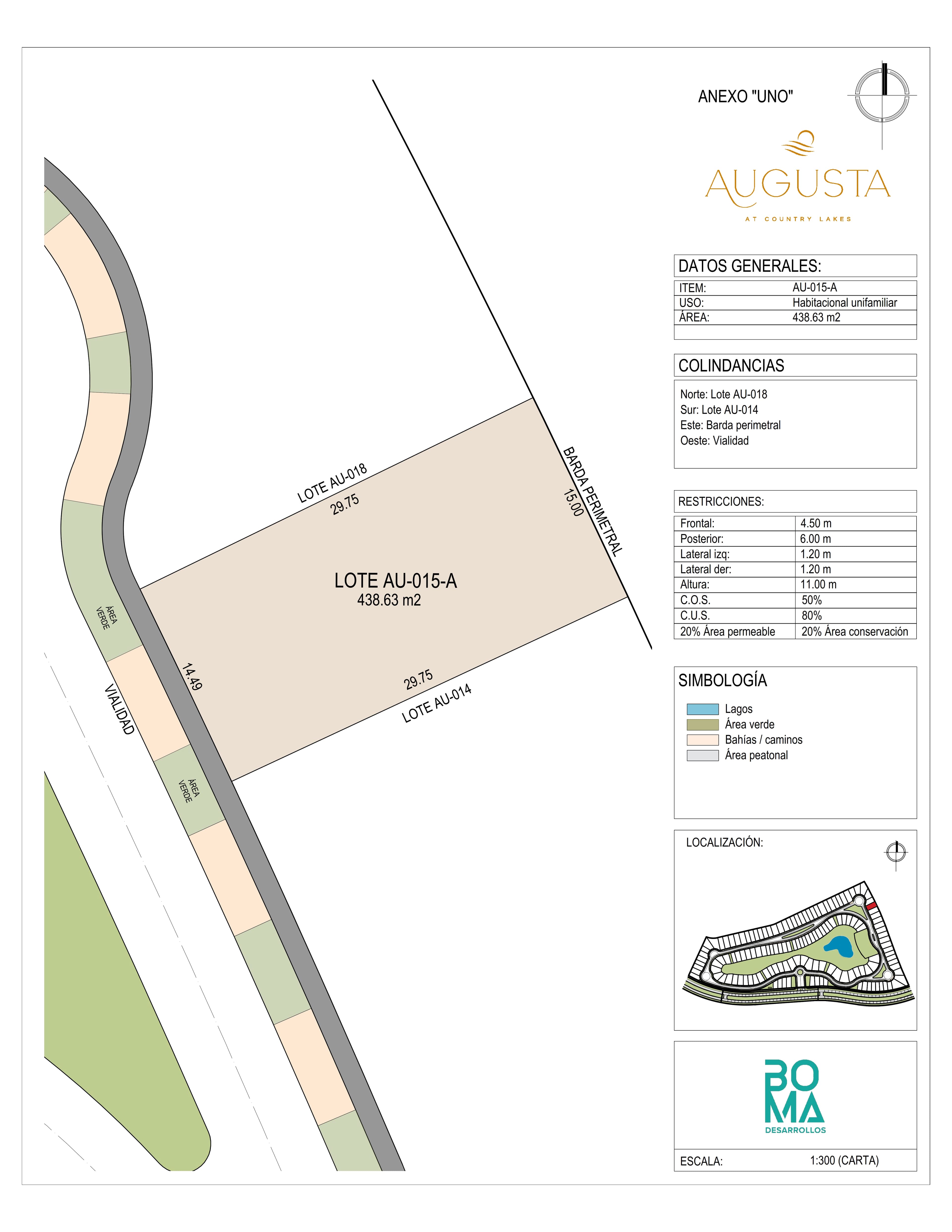Plano técnico del lote Aug-015-A en Augusta at Country Lakes