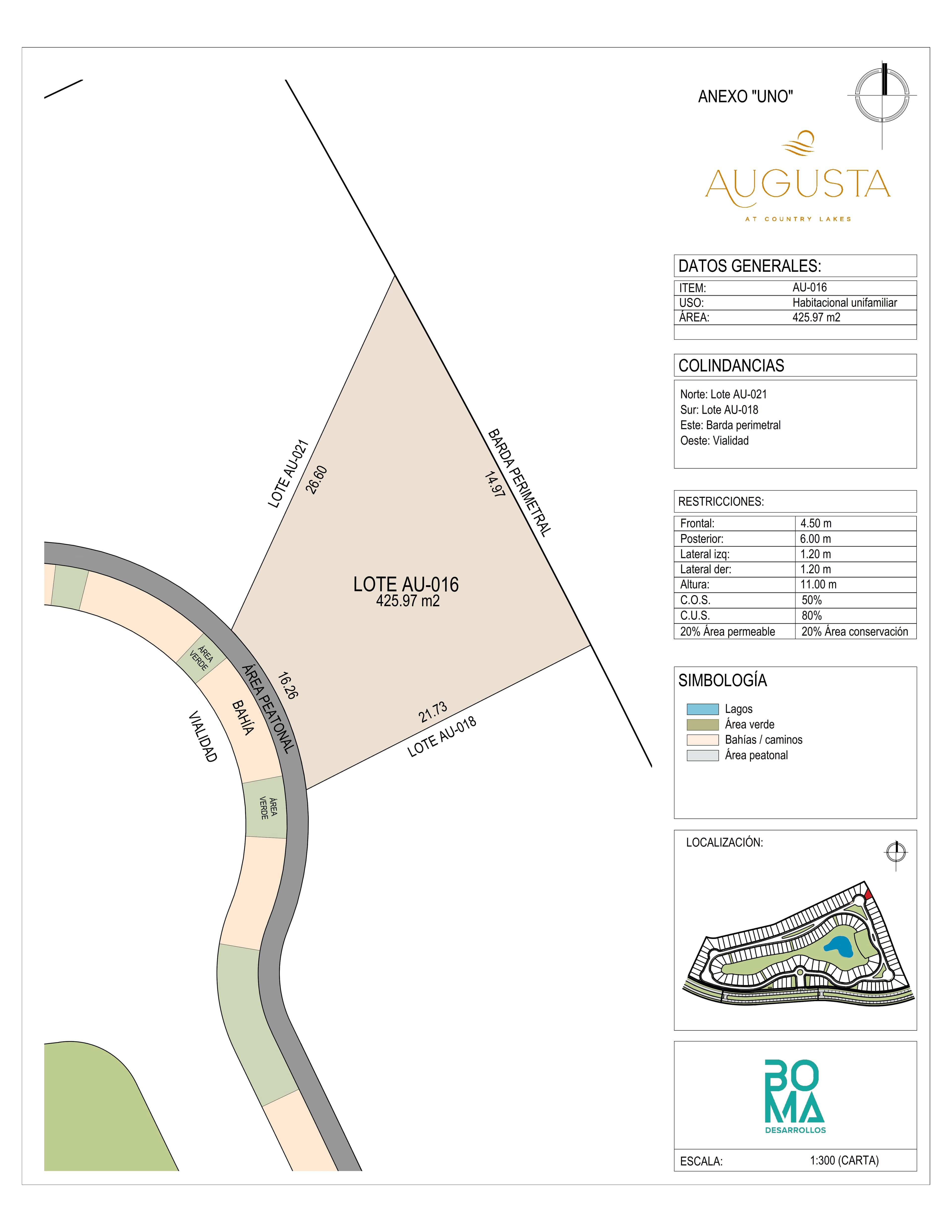 Plano técnico del lote Aug-016 en Augusta at Country Lakes