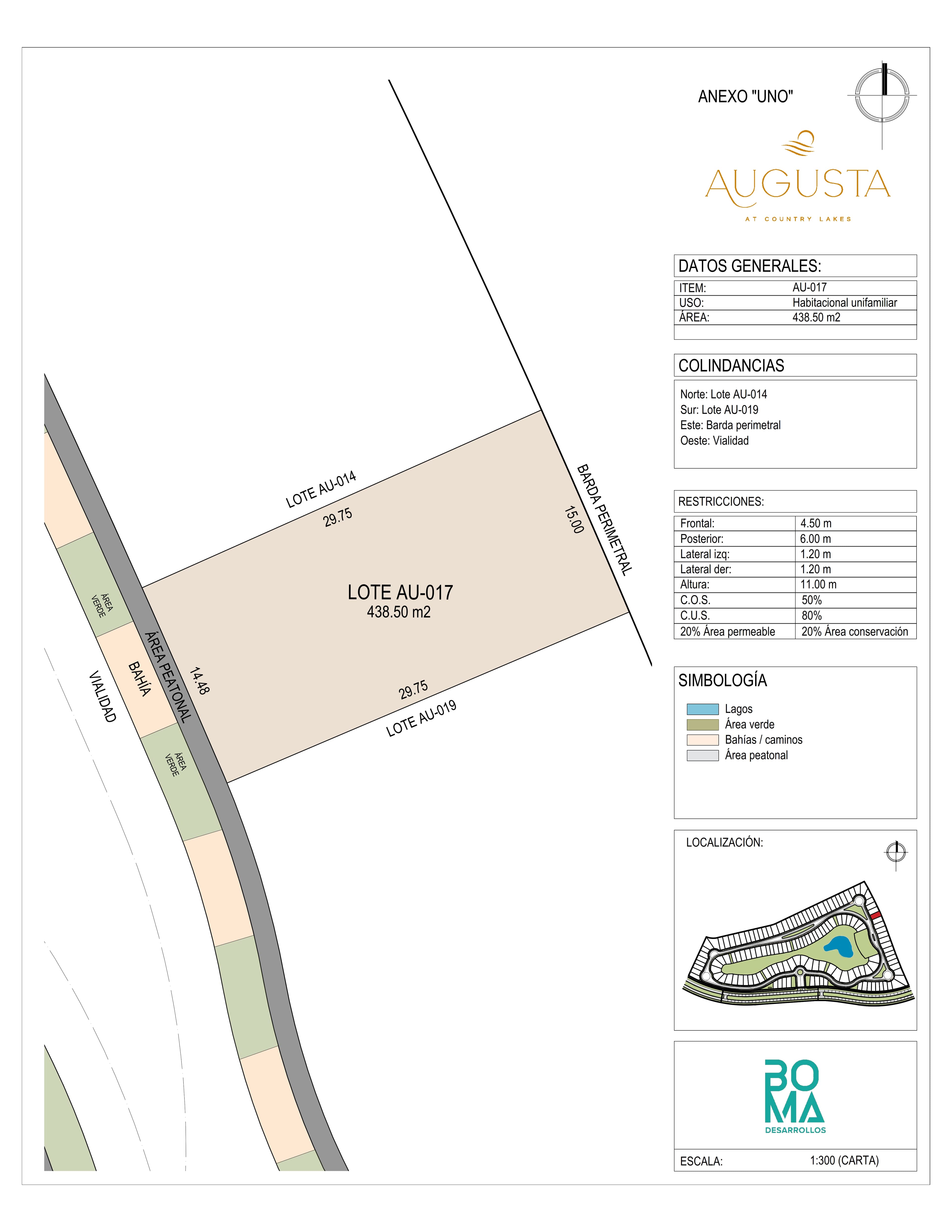 Plano técnico del lote Aug-017 en Augusta at Country Lakes