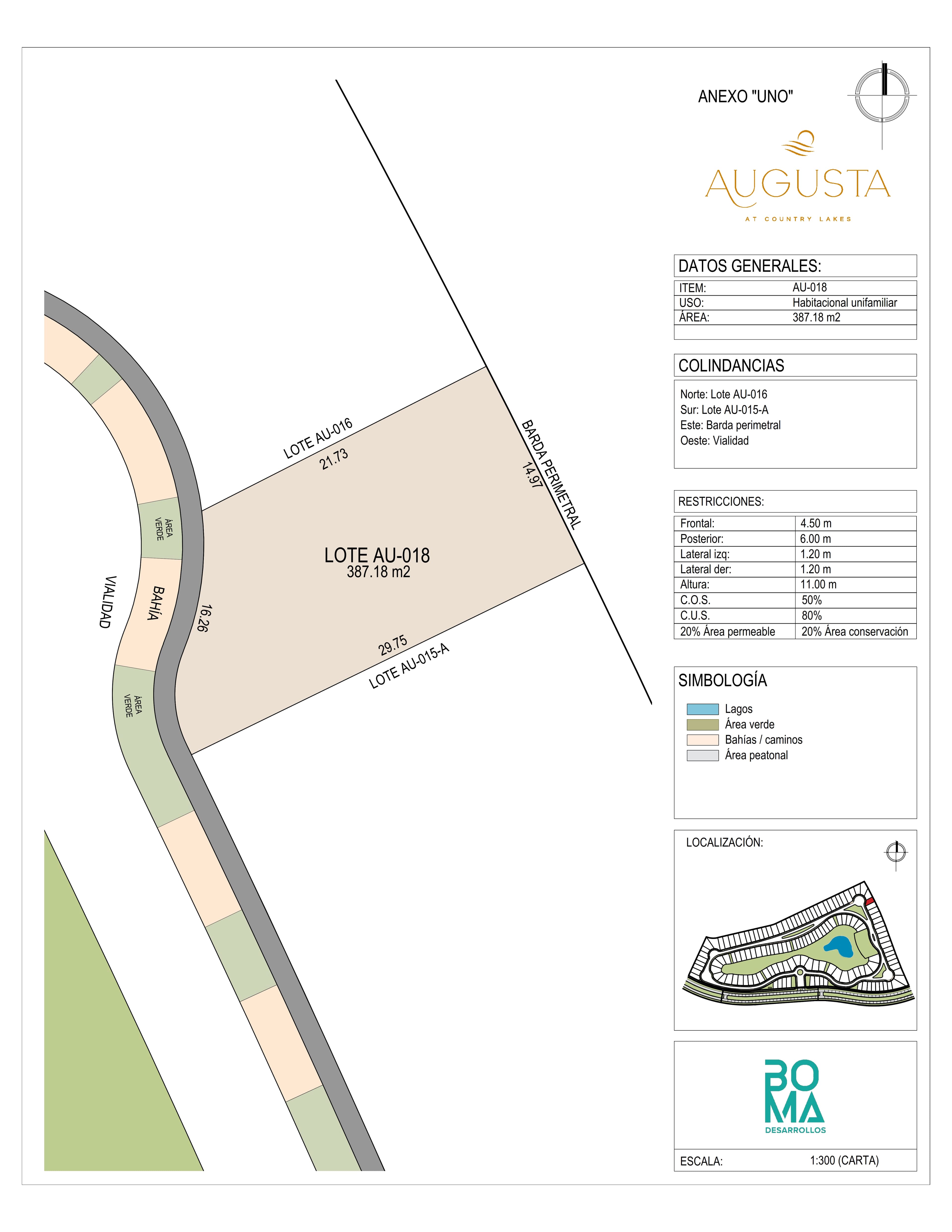 Plano técnico del lote Aug-018 en Augusta at Country Lakes