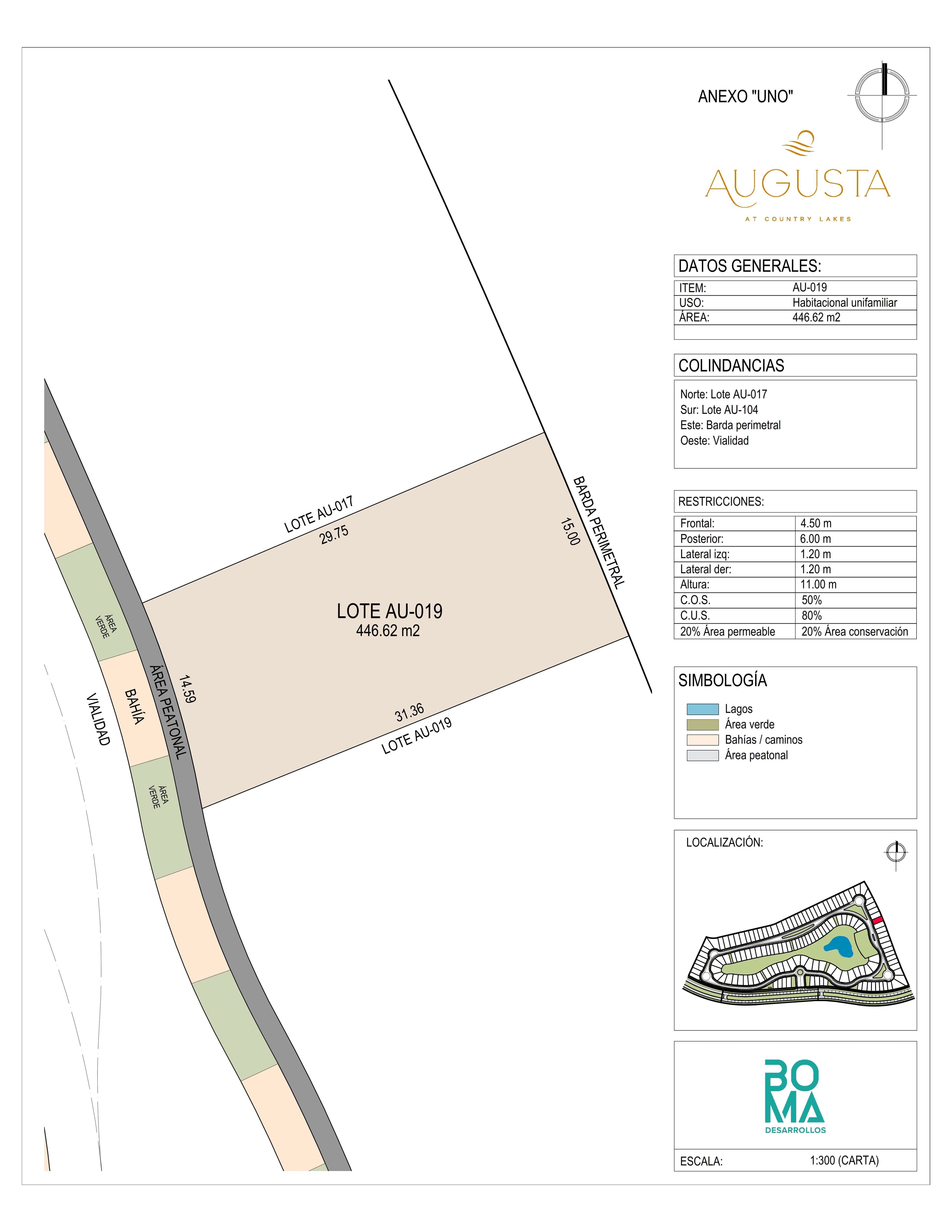 Plano técnico del lote Aug-019 en Augusta at Country Lakes