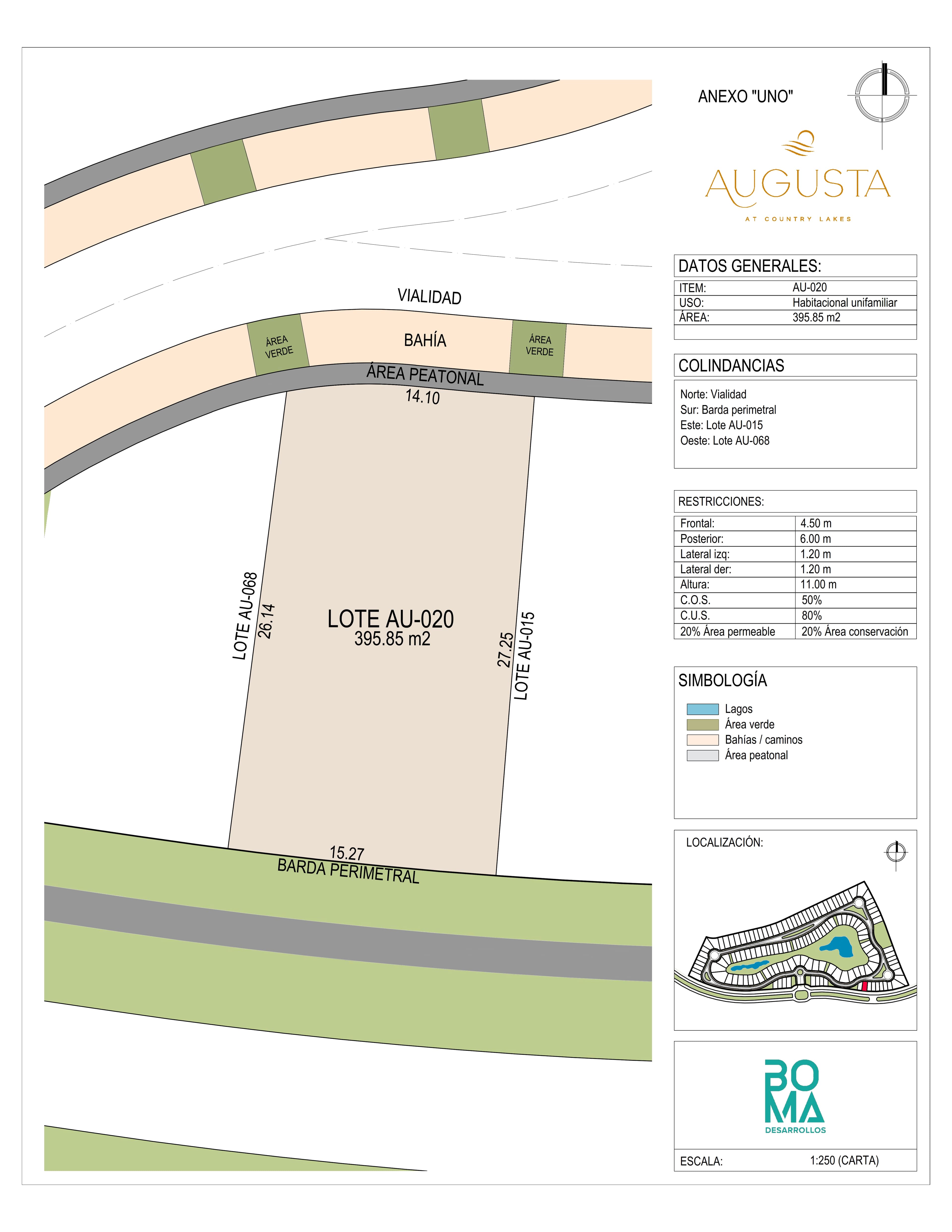 Plano técnico del lote Aug-020 en Augusta at Country Lakes