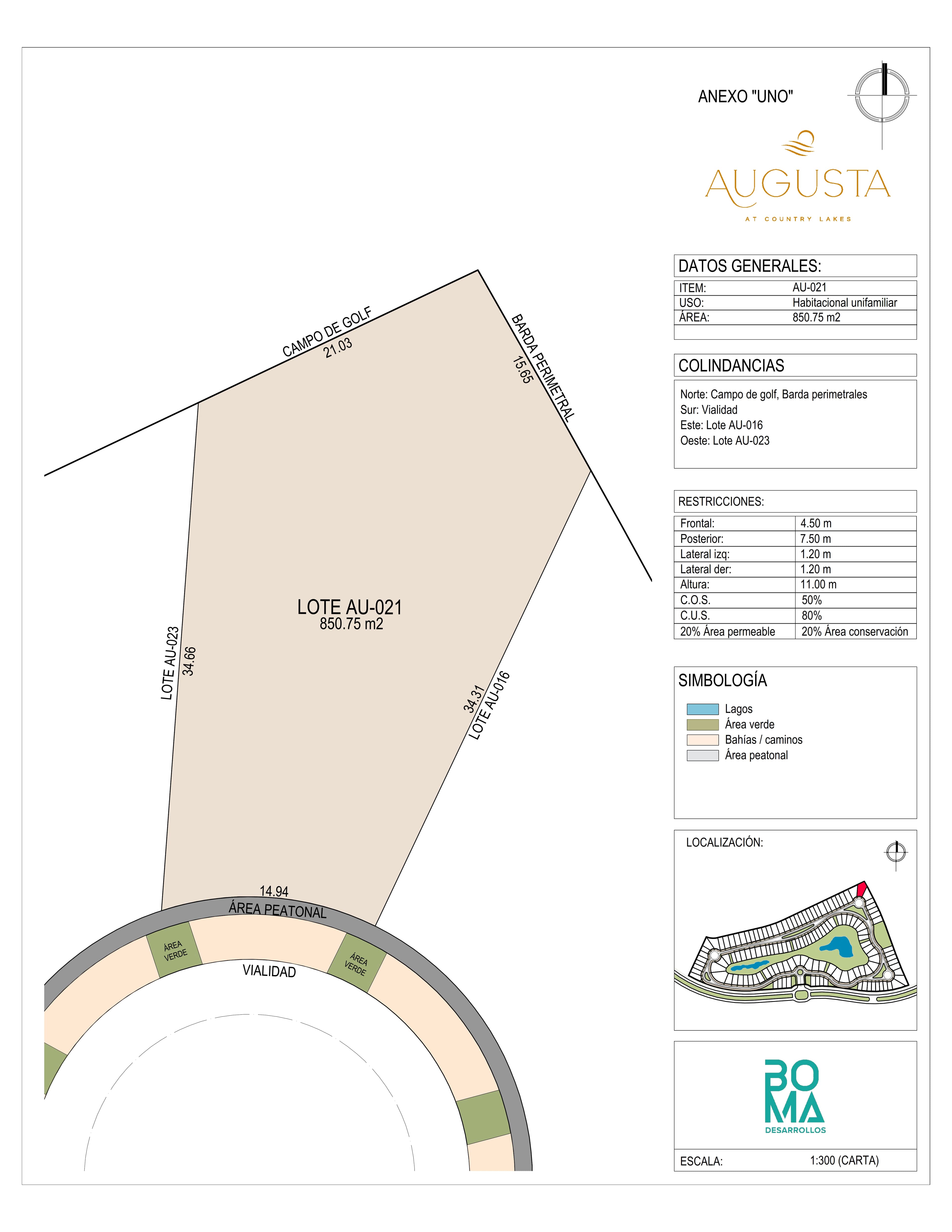 Plano técnico del lote Aug-021 en Augusta at Country Lakes