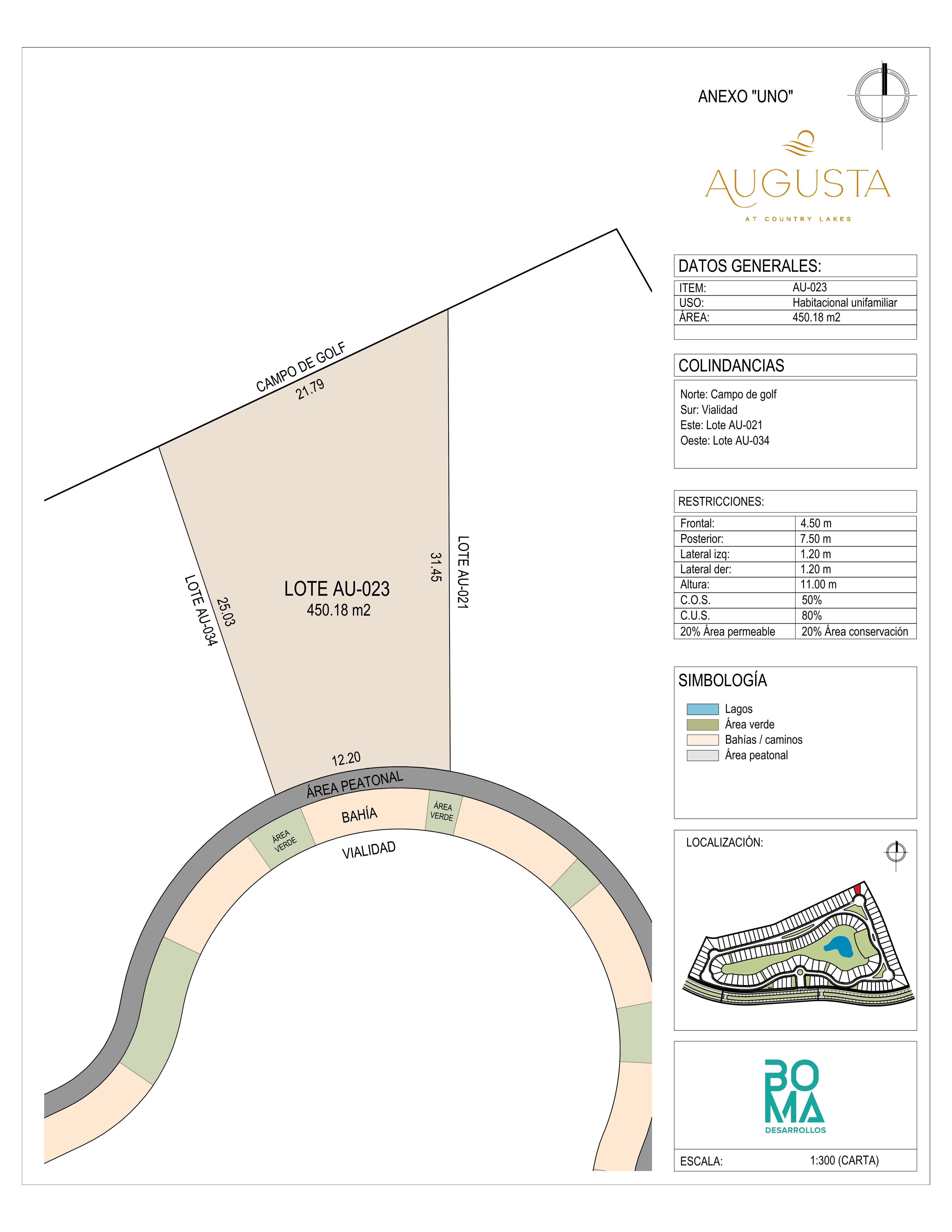 Plano técnico del lote Aug-023 en Augusta at Country Lakes