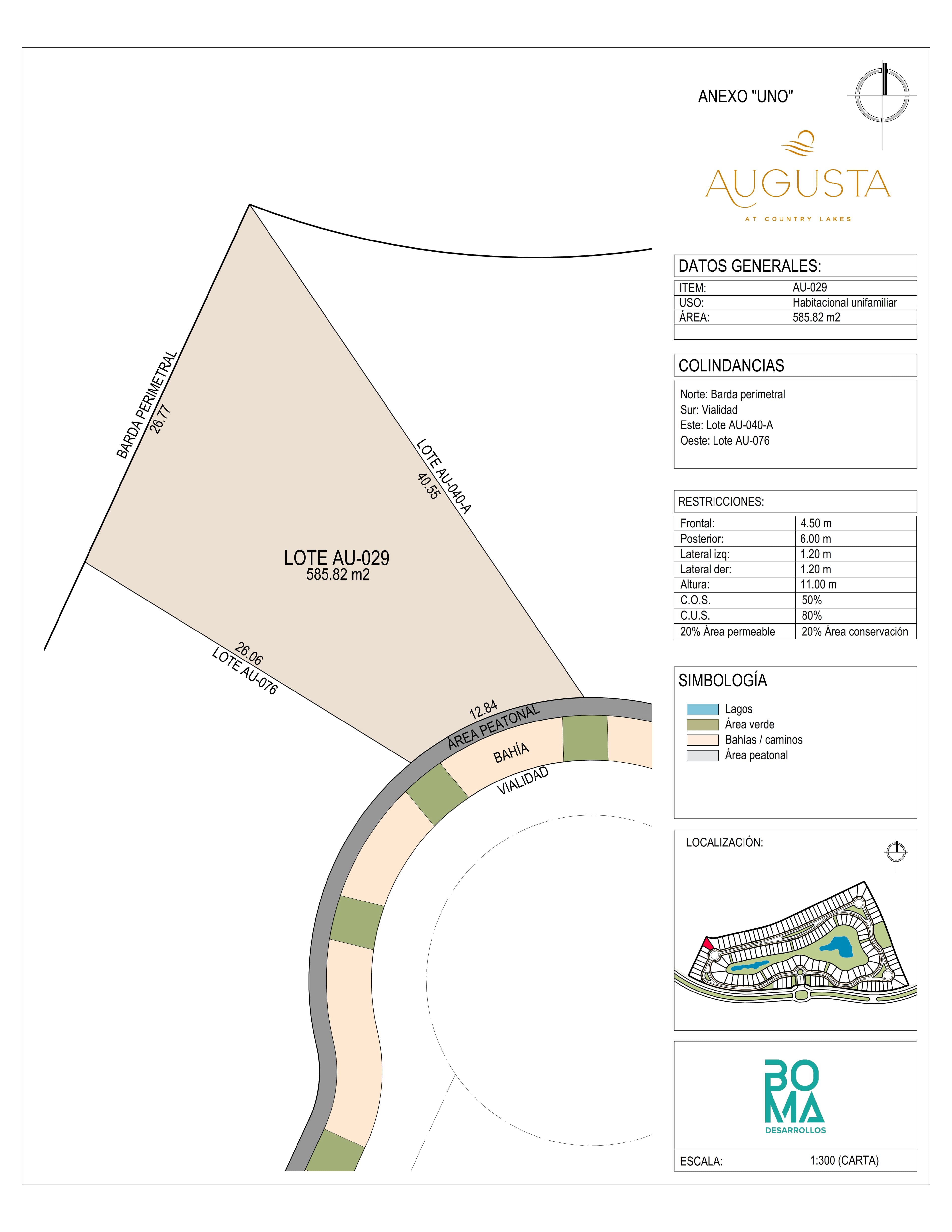 Plano técnico del lote Aug-029 en Augusta at Country Lakes