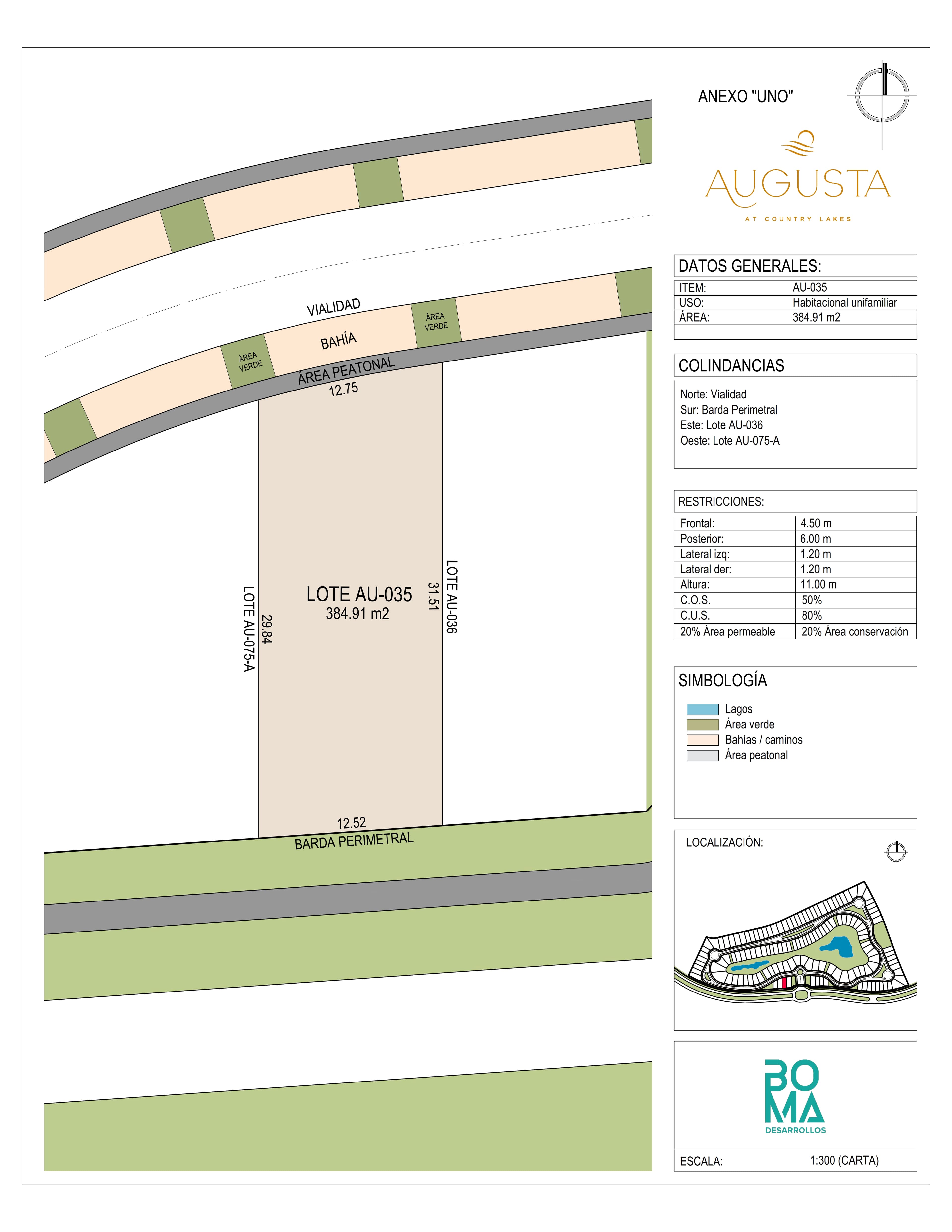 Plano técnico del lote Aug-035 en Augusta at Country Lakes