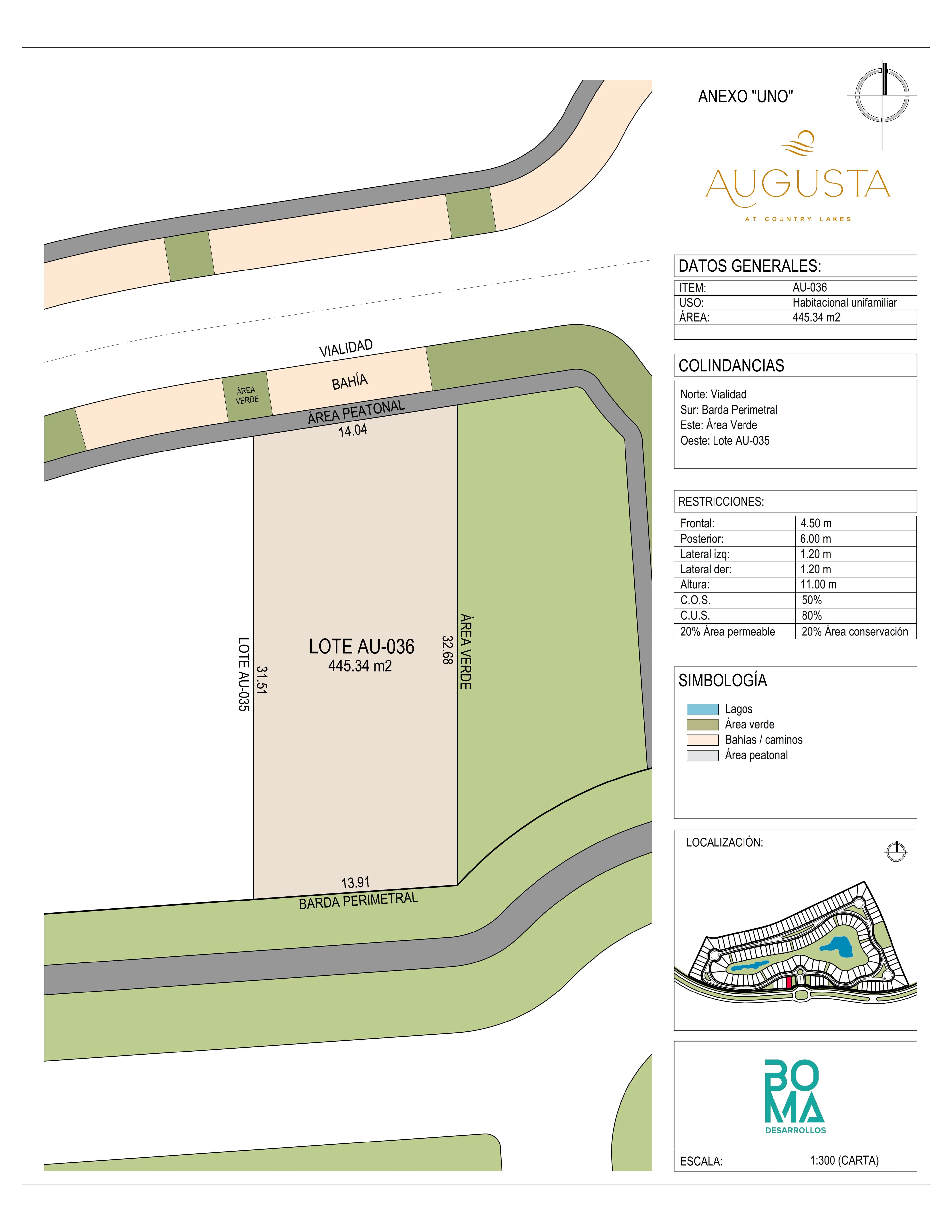 Plano técnico del lote Aug-036 en Augusta at Country Lakes