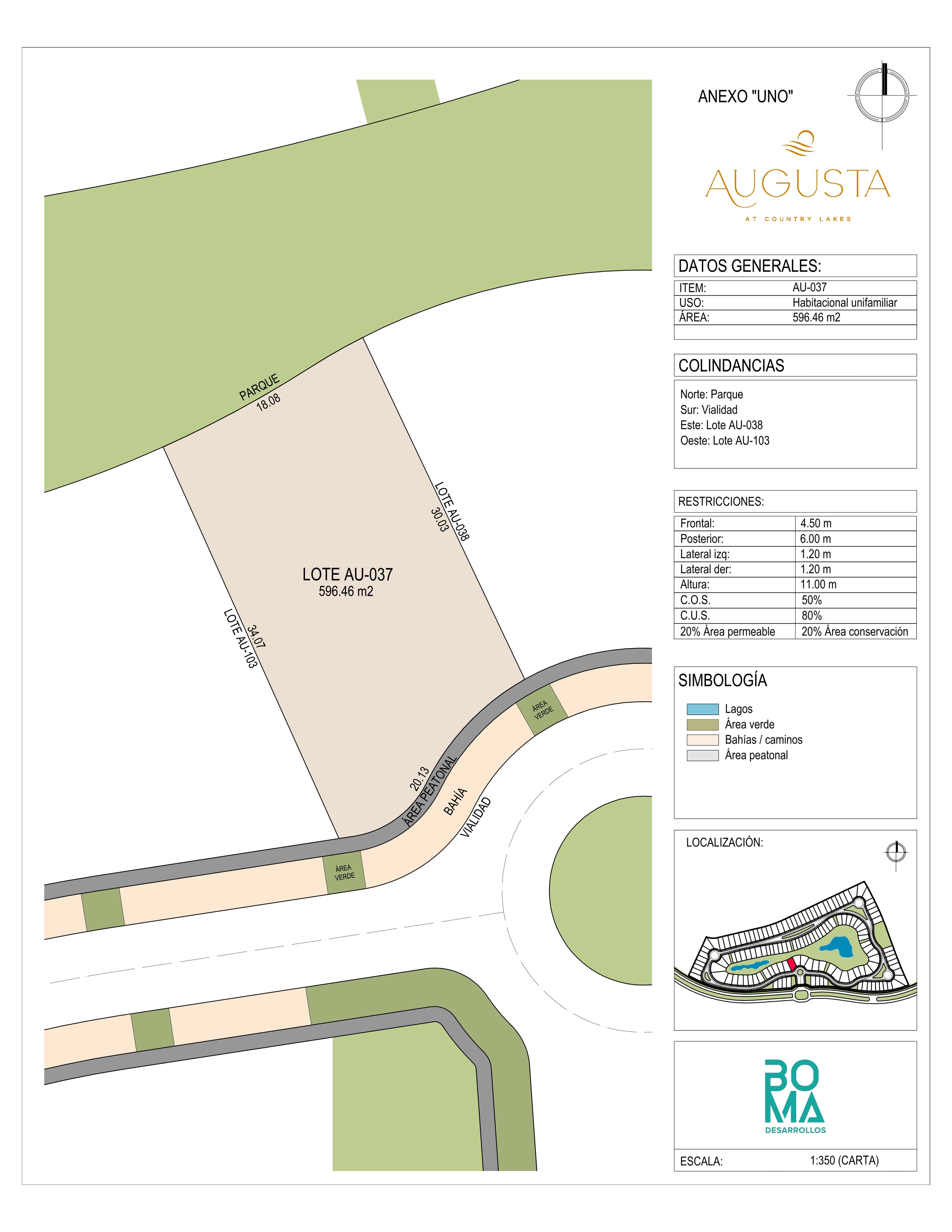 Plano técnico del lote Aug-037 en Augusta at Country Lakes