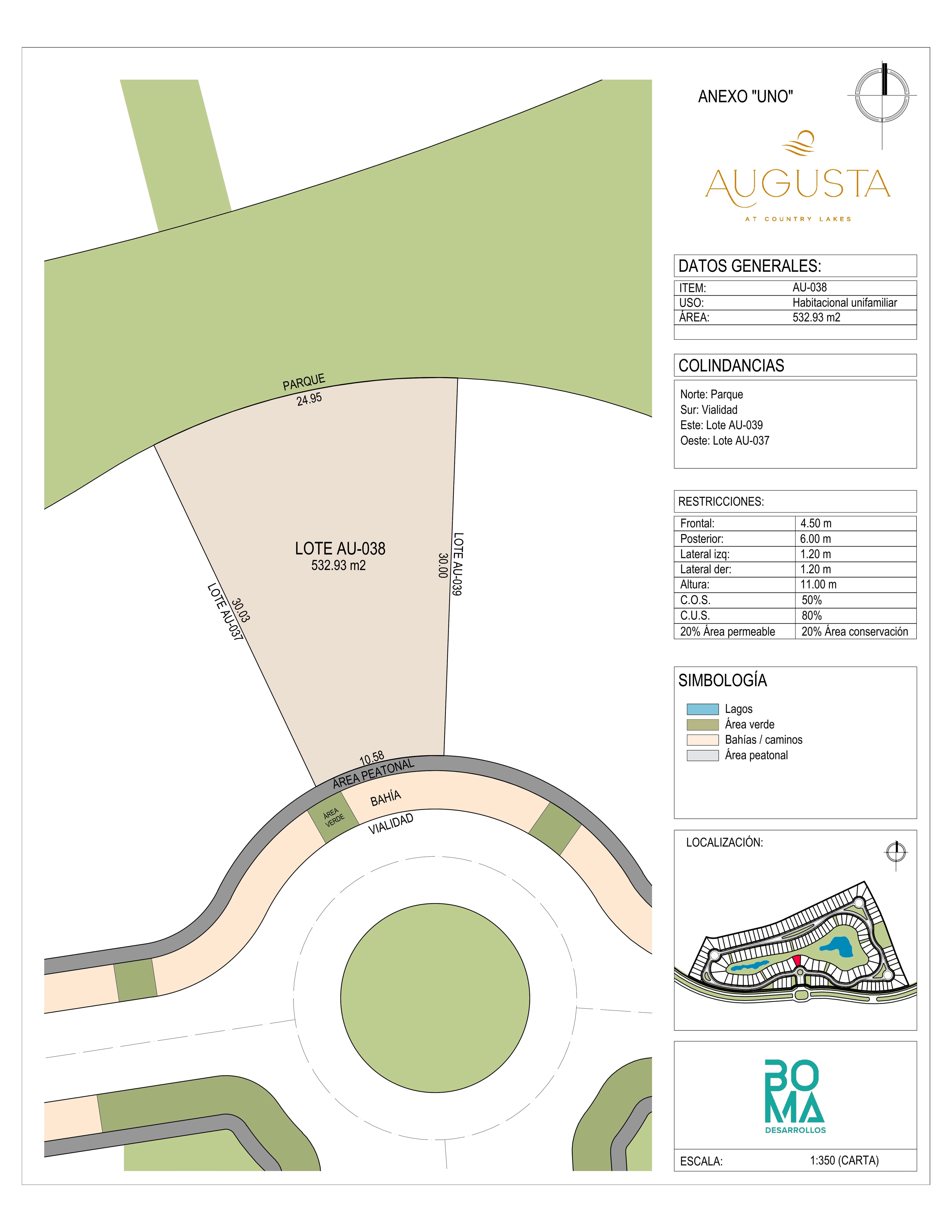 Plano técnico del lote Aug-038 en Augusta at Country Lakes