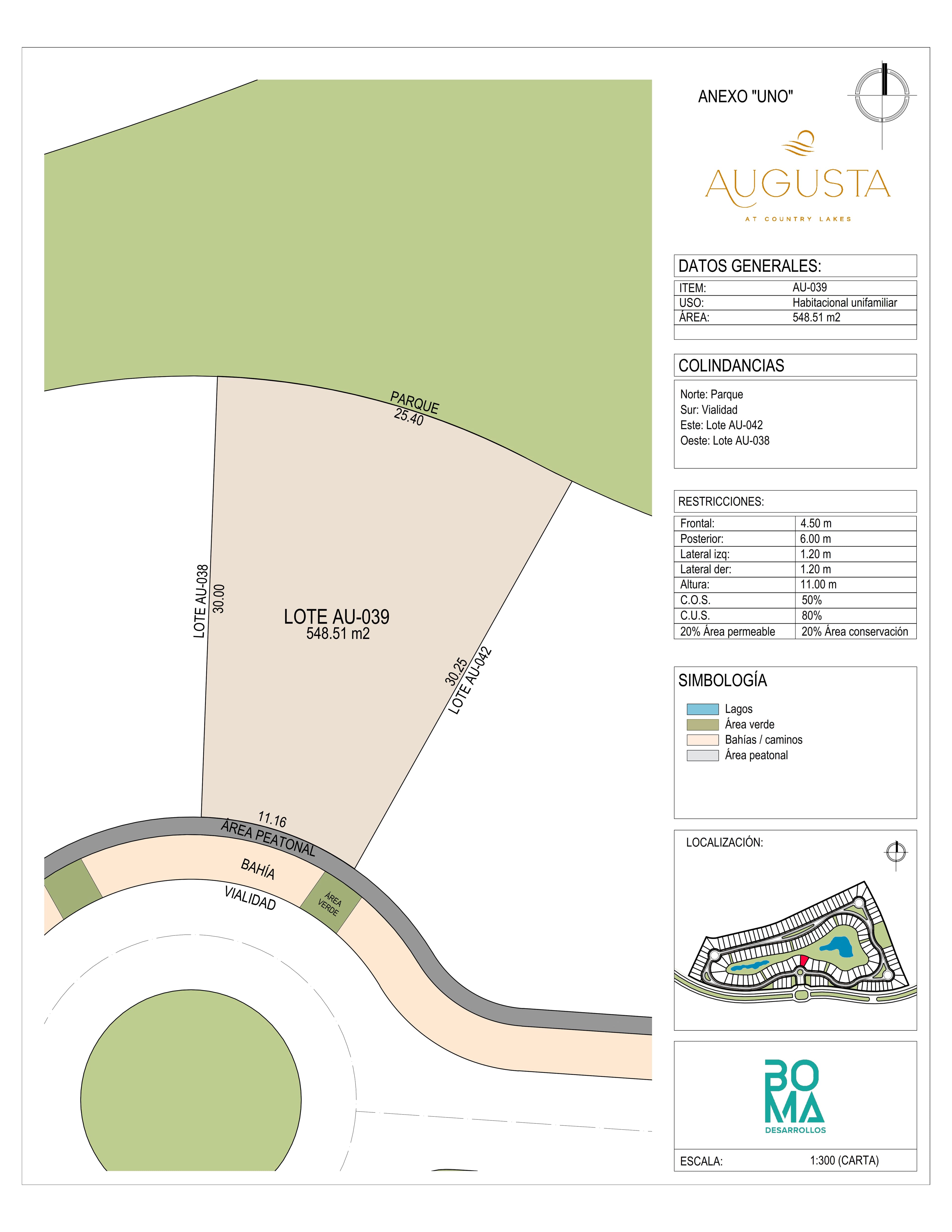 Plano técnico del lote Aug-039 en Augusta at Country Lakes