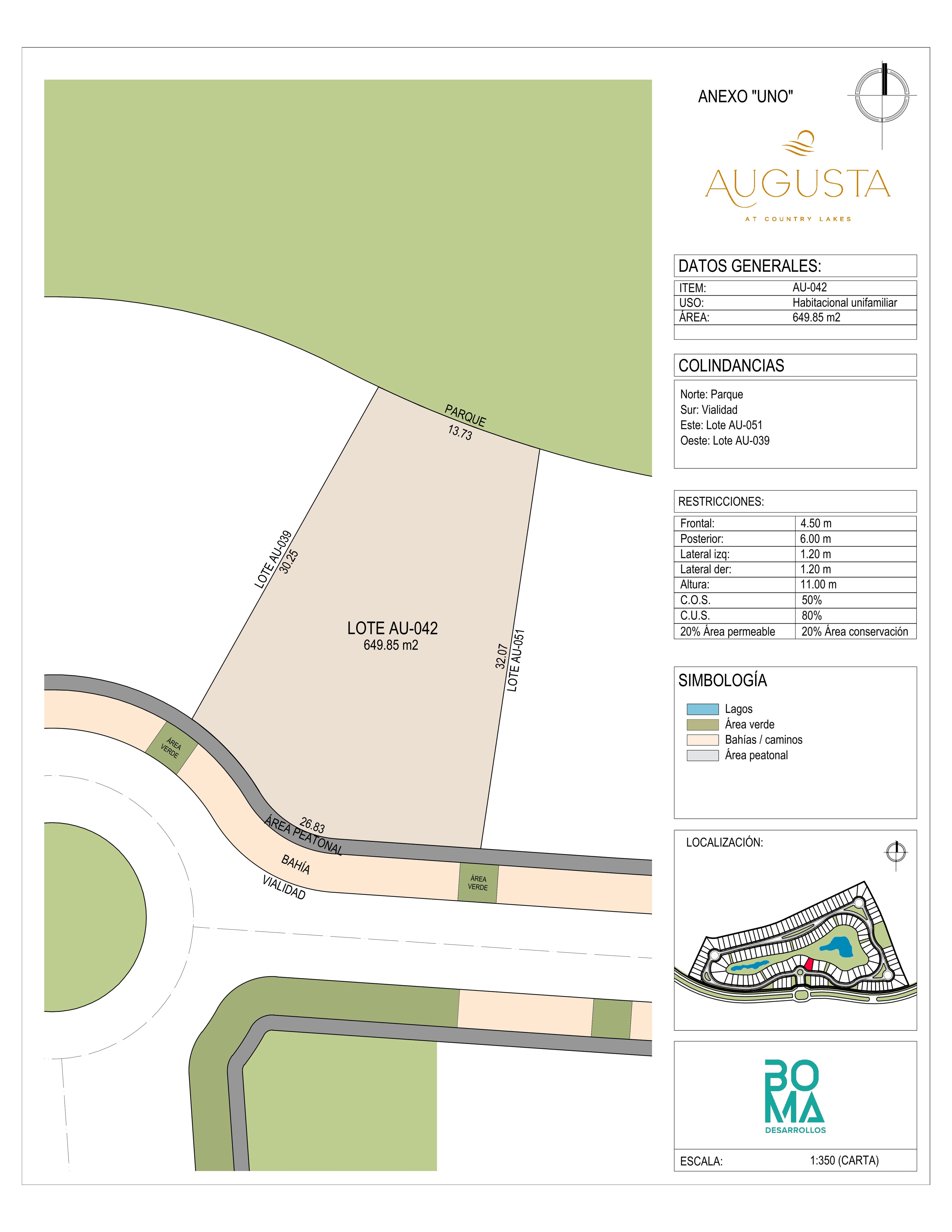 Plano técnico del lote Aug-042 en Augusta at Country Lakes