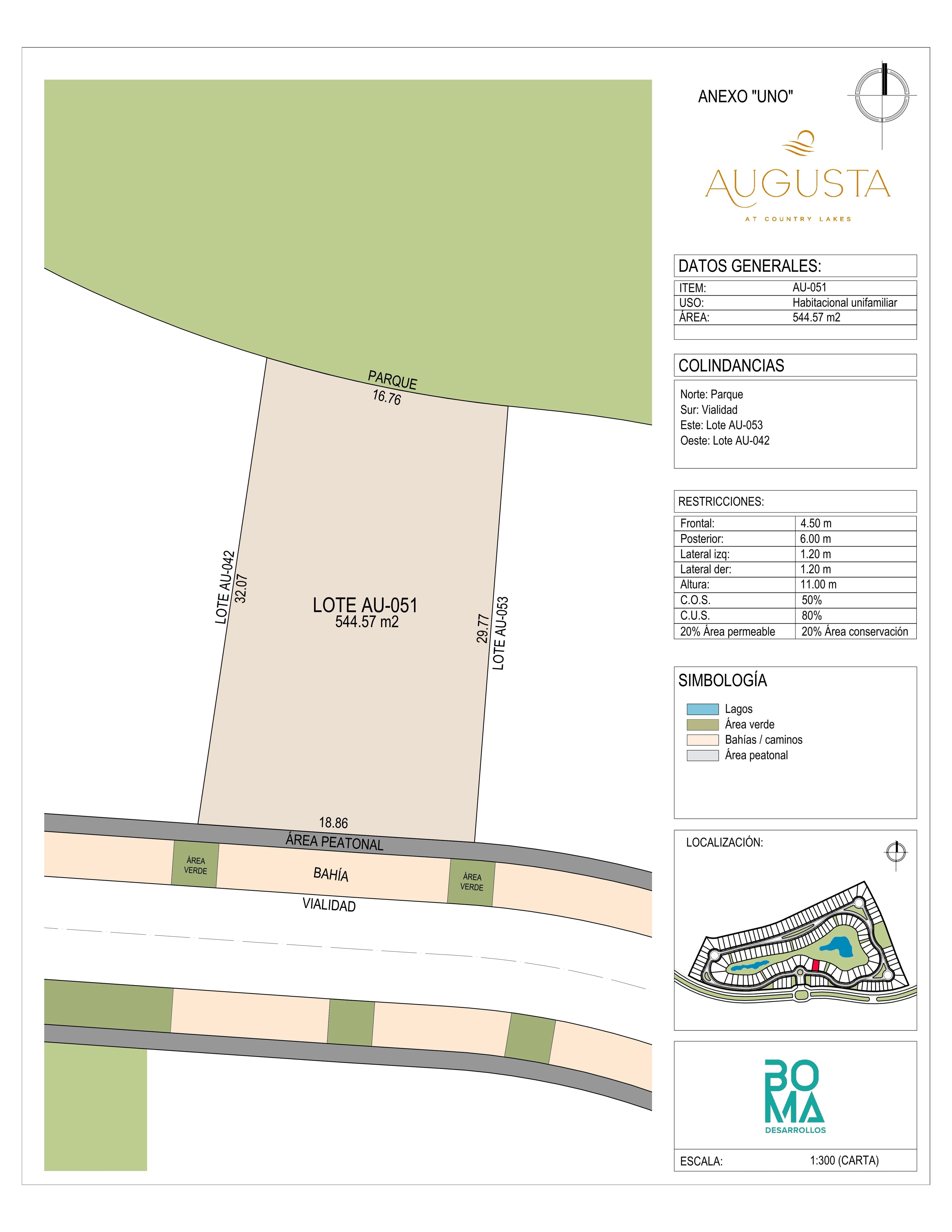 Plano técnico del lote Aug-051 en Augusta at Country Lakes