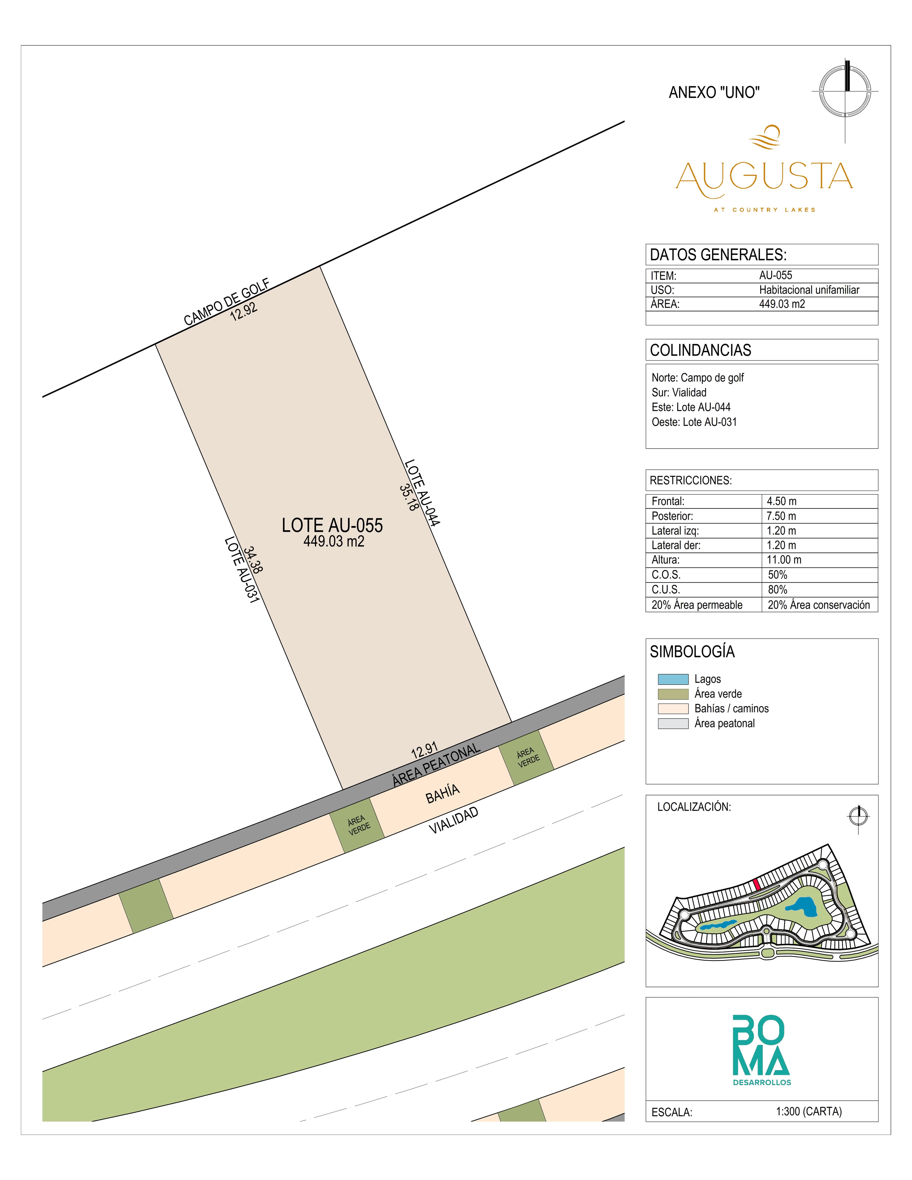 Plano técnico del lote Aug-055 en Augusta at Country Lakes