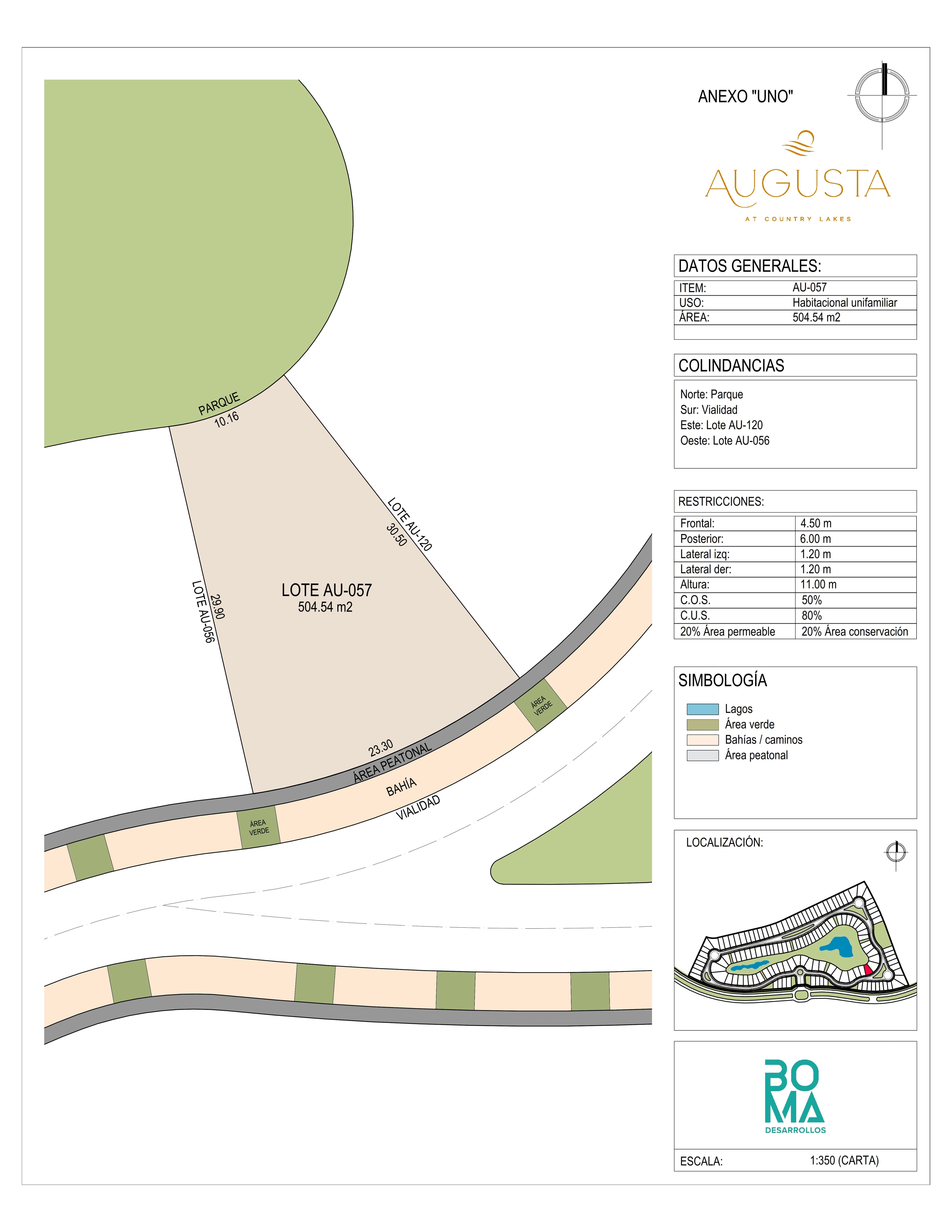Plano técnico del lote Aug-057 en Augusta at Country Lakes