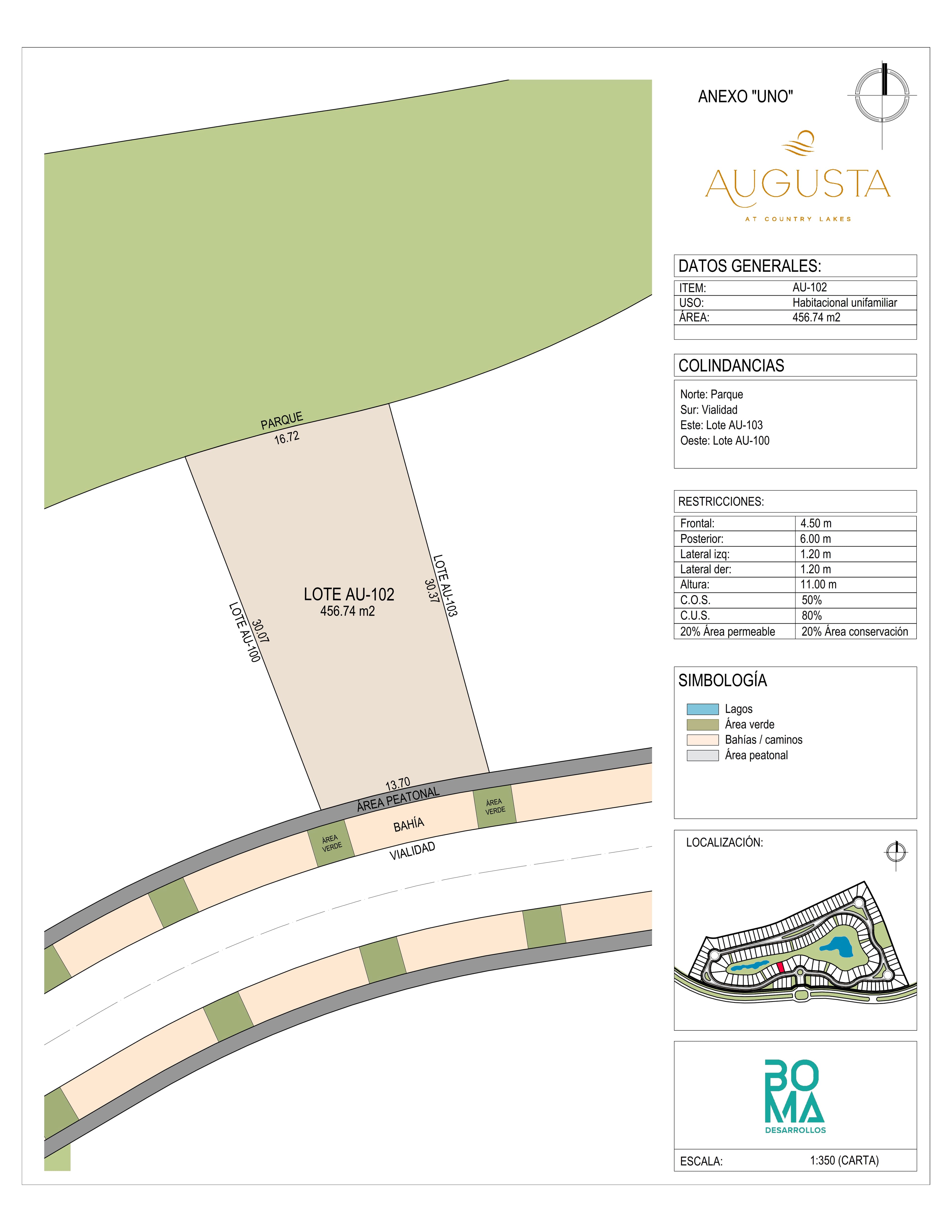 Plano técnico del lote Aug-102 en Augusta at Country Lakes