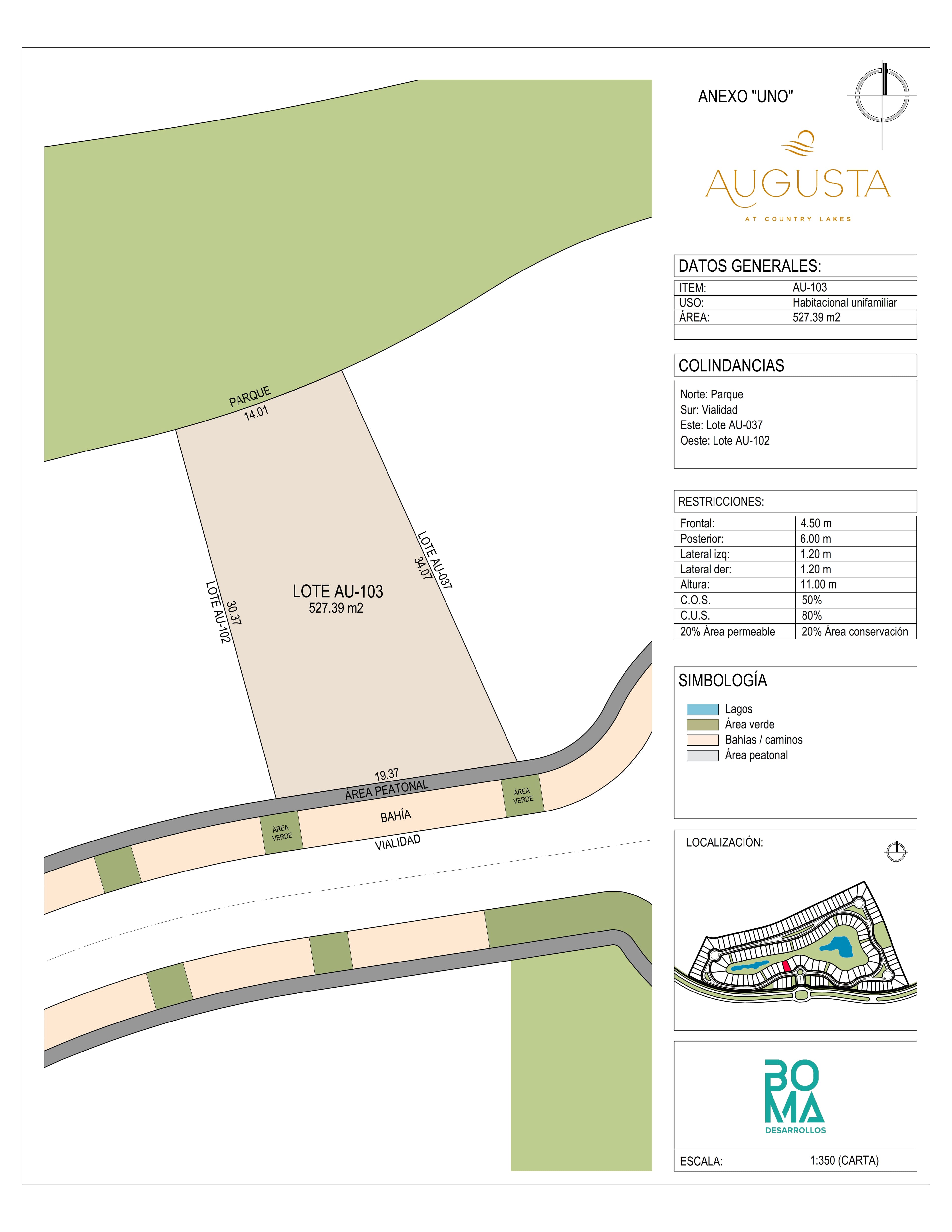 Plano técnico del lote Aug-103 en Augusta at Country Lakes