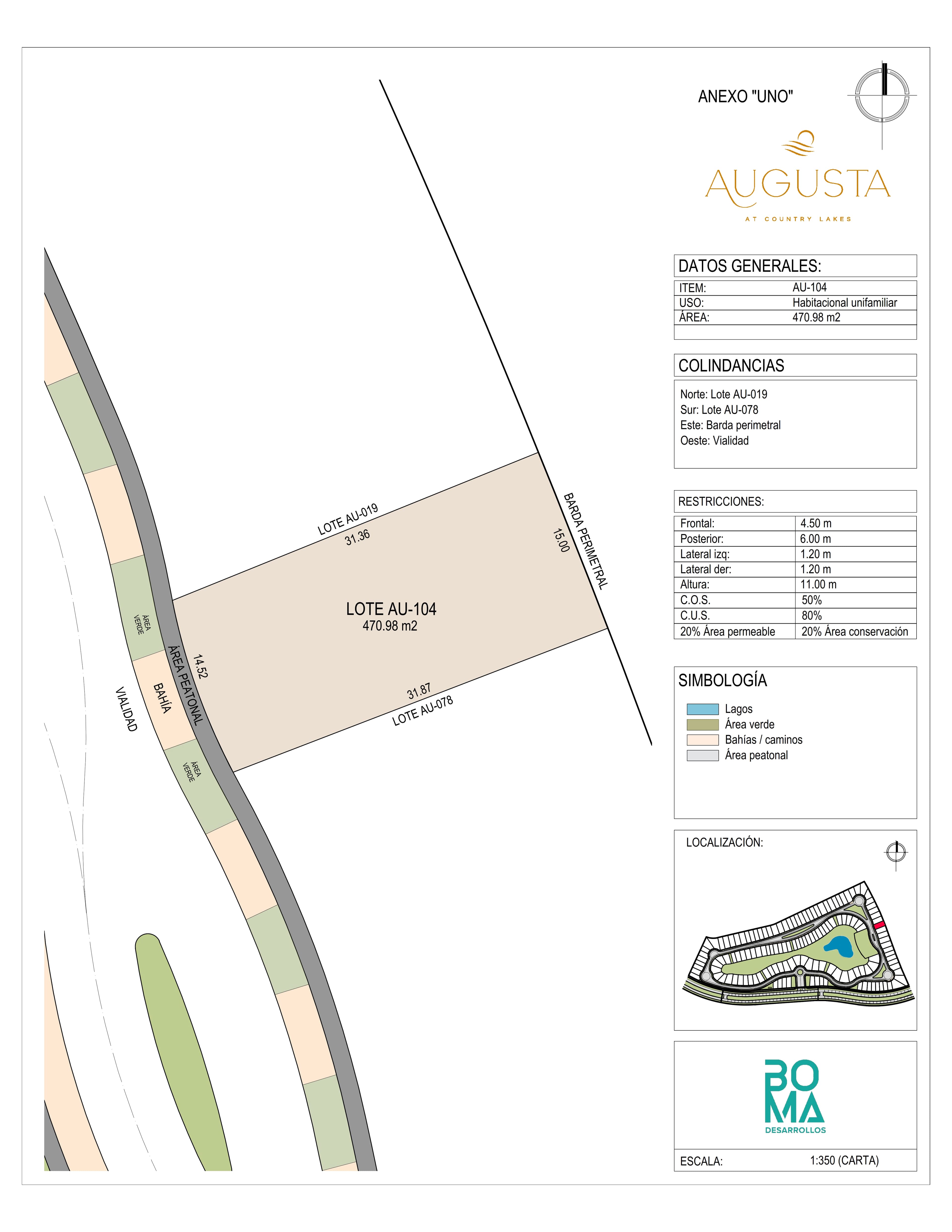 Plano técnico del lote Aug-104 en Augusta at Country Lakes