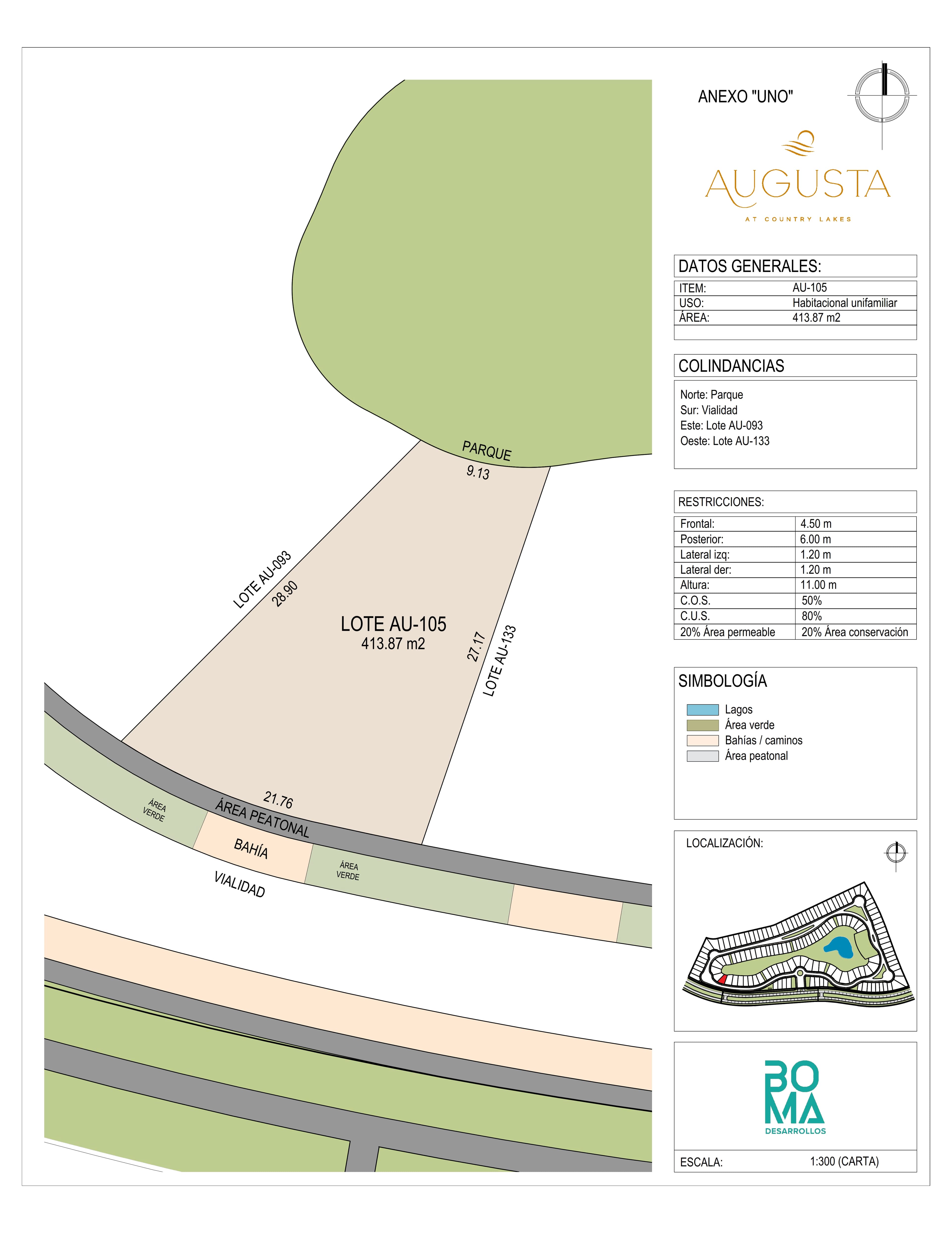 Plano técnico del lote Aug-105 en Augusta at Country Lakes