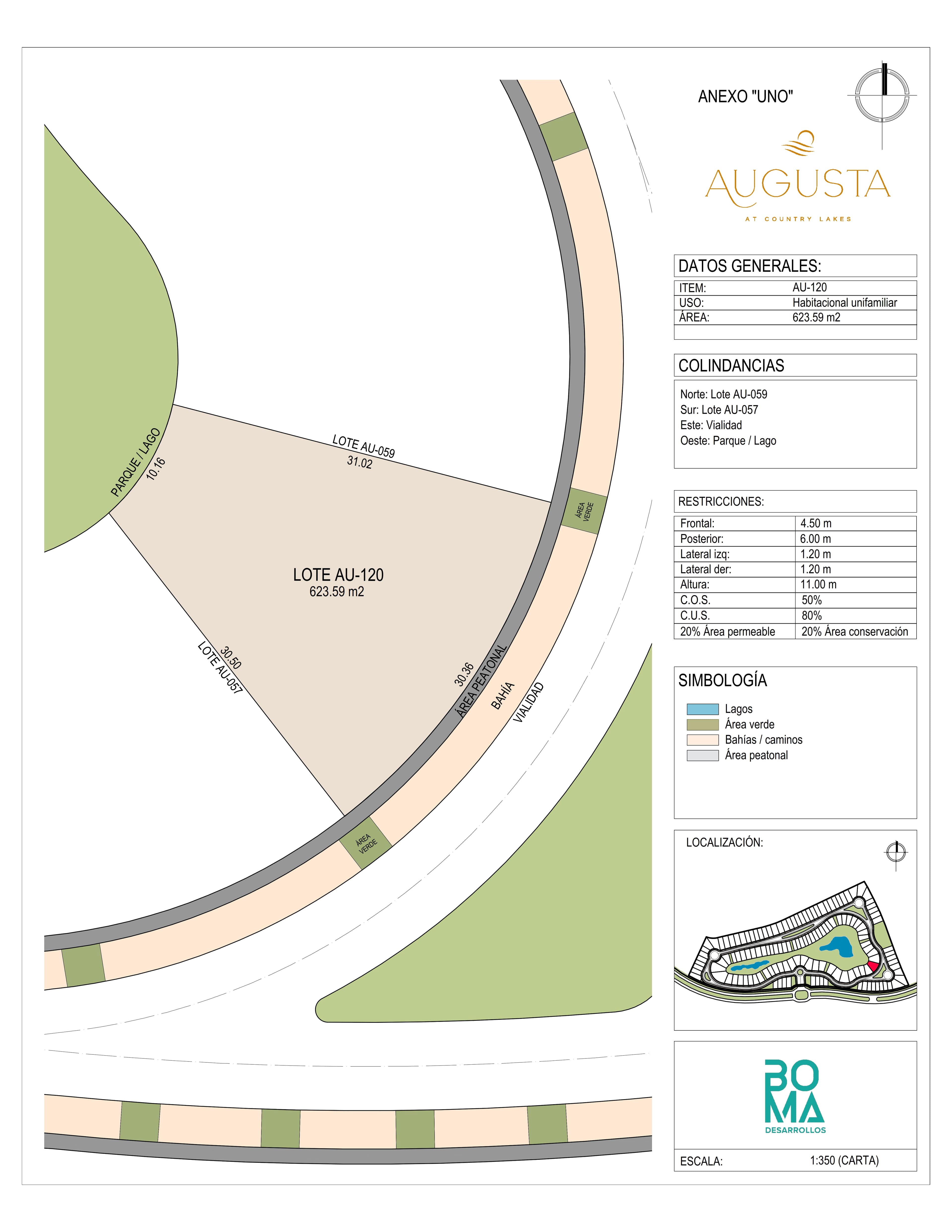 Plano técnico del lote Aug-120 en Augusta at Country Lakes