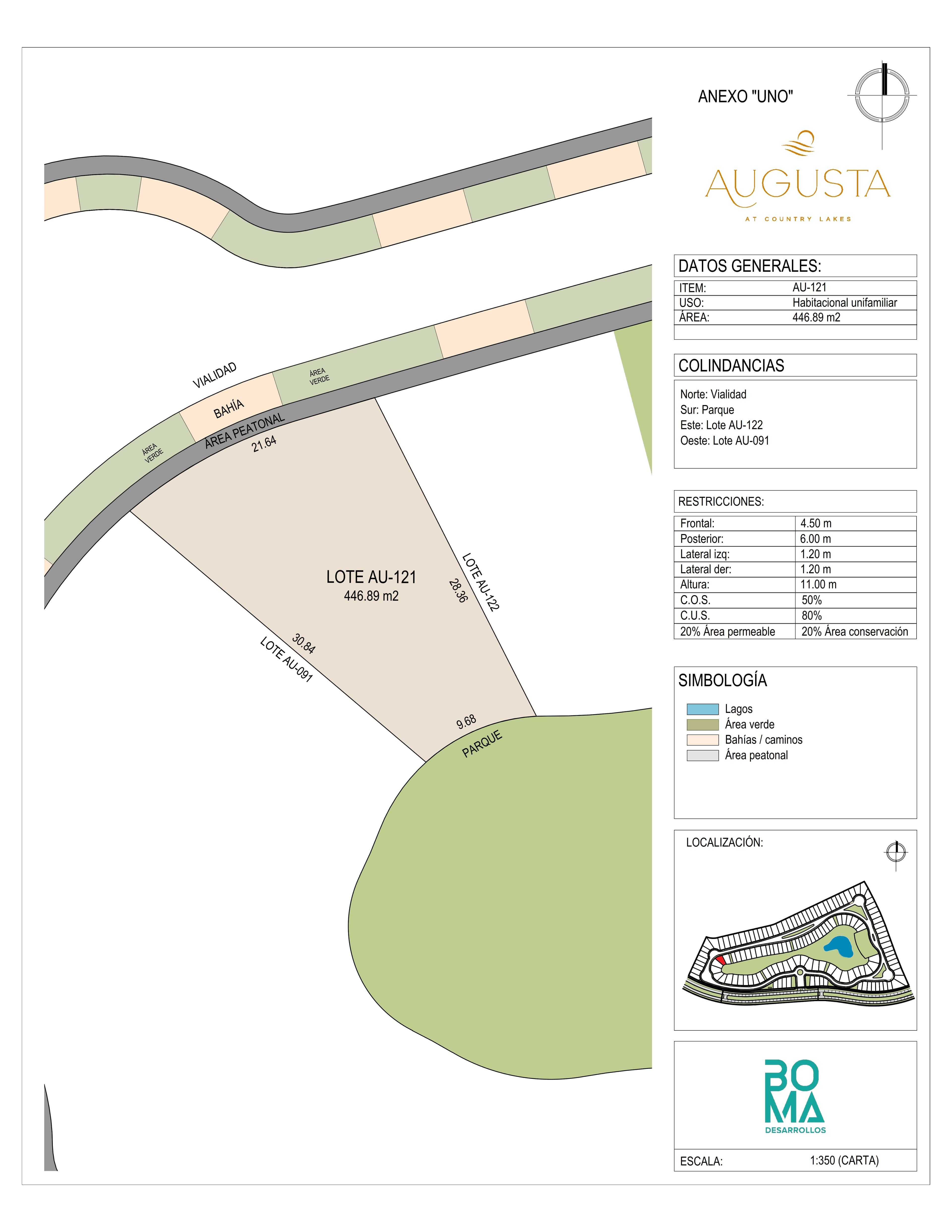 Plano técnico del lote Aug-121 en Augusta at Country Lakes