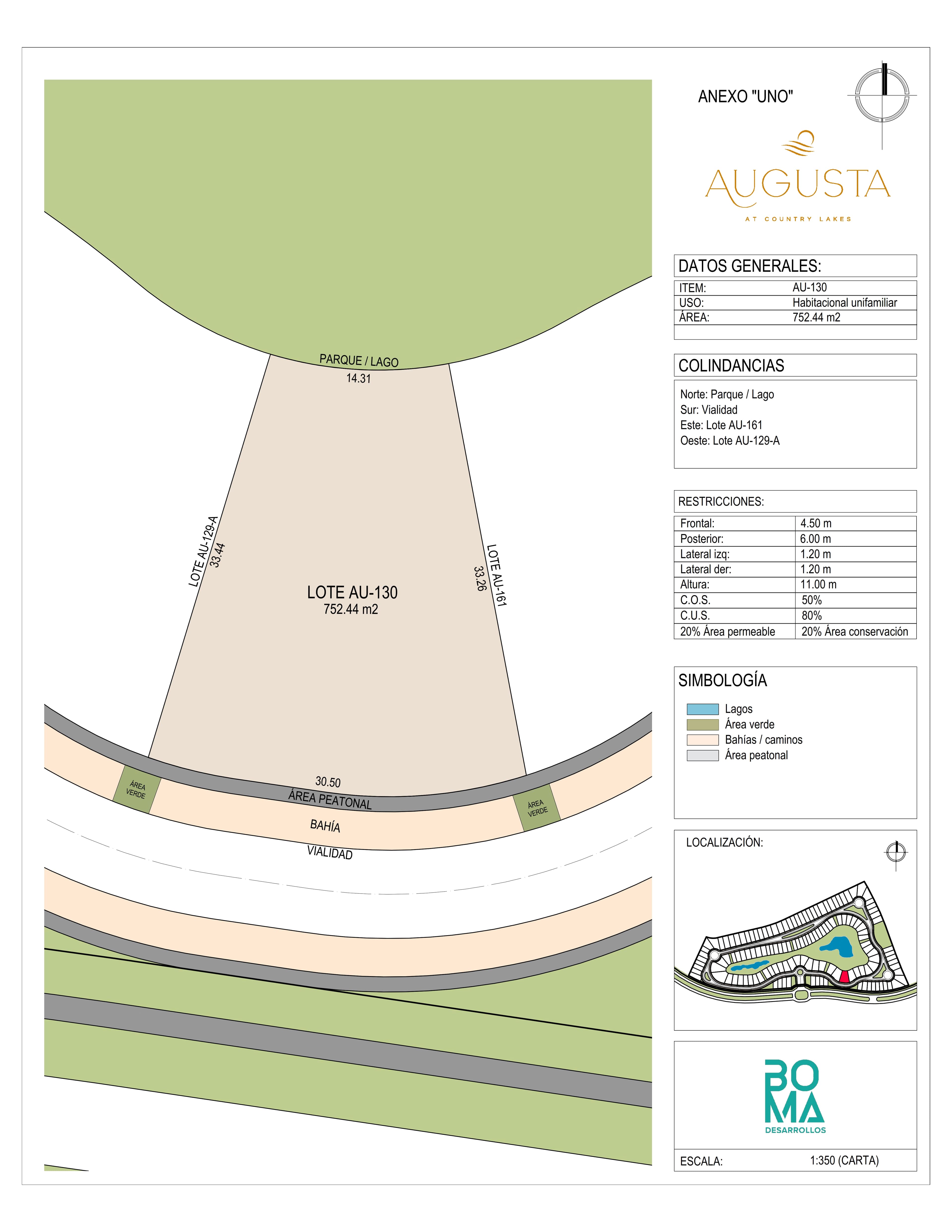 Plano técnico del lote Aug-130 en Augusta at Country Lakes