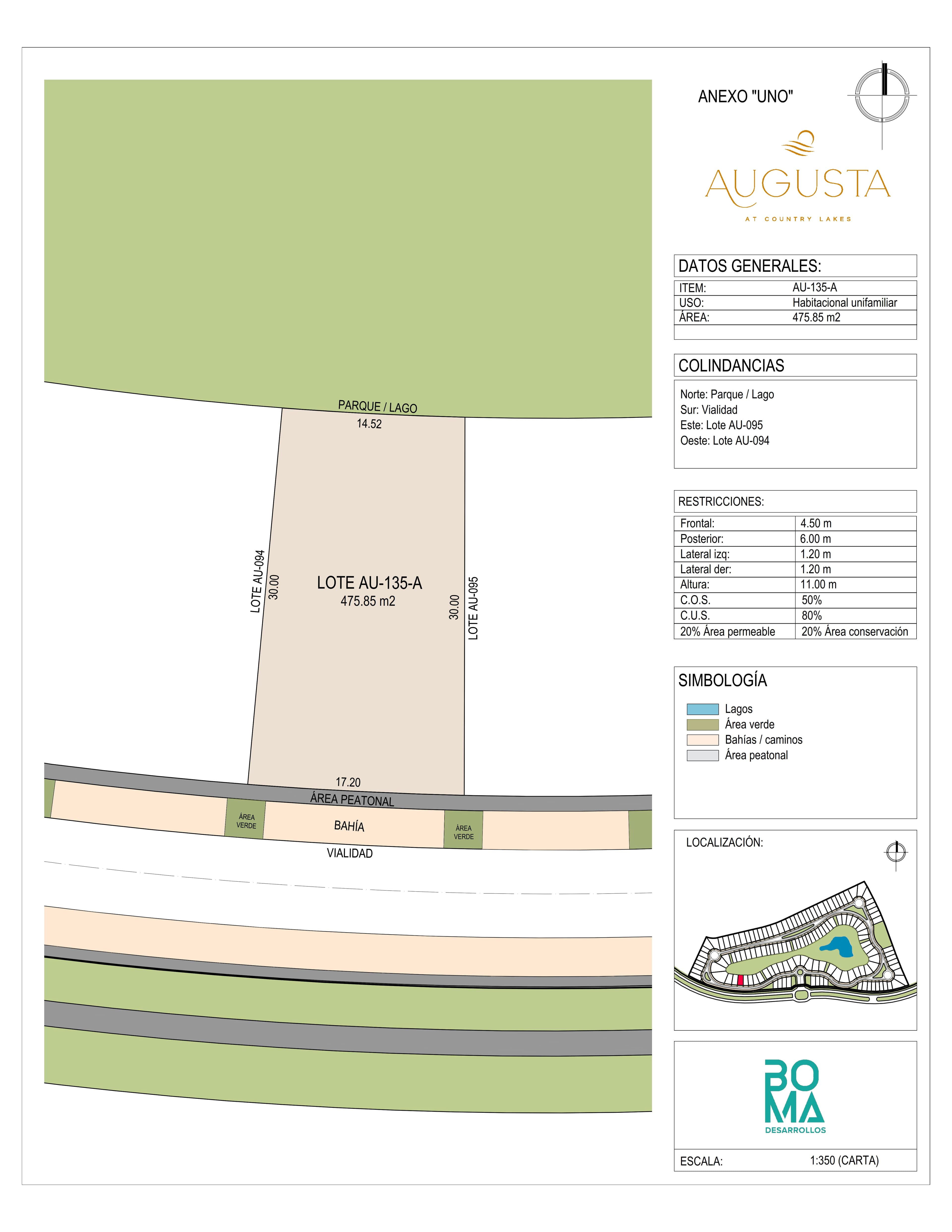 Plano técnico del lote Aug-135-A en Augusta at Country Lakes
