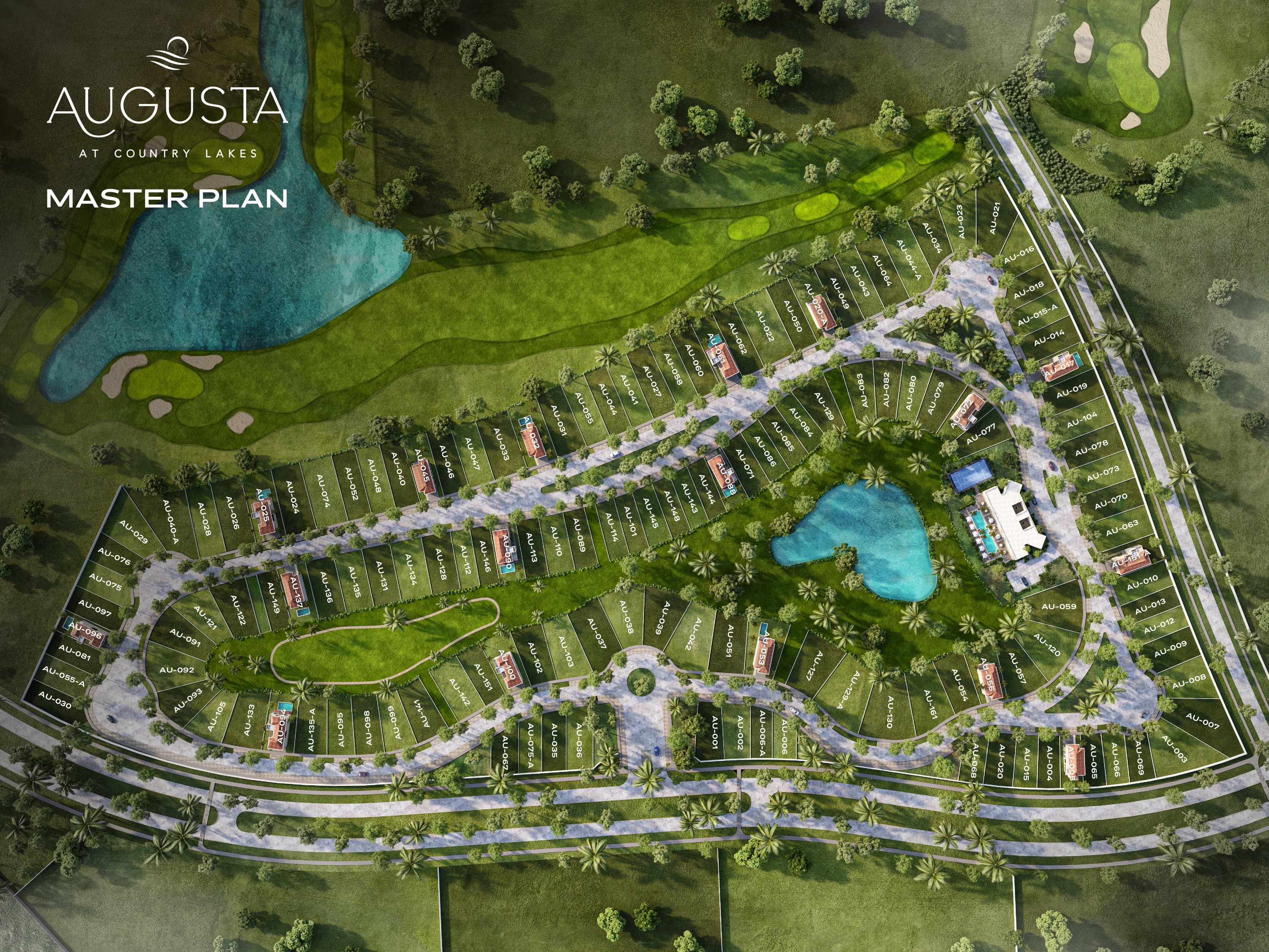 Augusta at Country Lakes — Masterplan con los 140 lotes residenciales frente al campo de golf de Greg Letsche