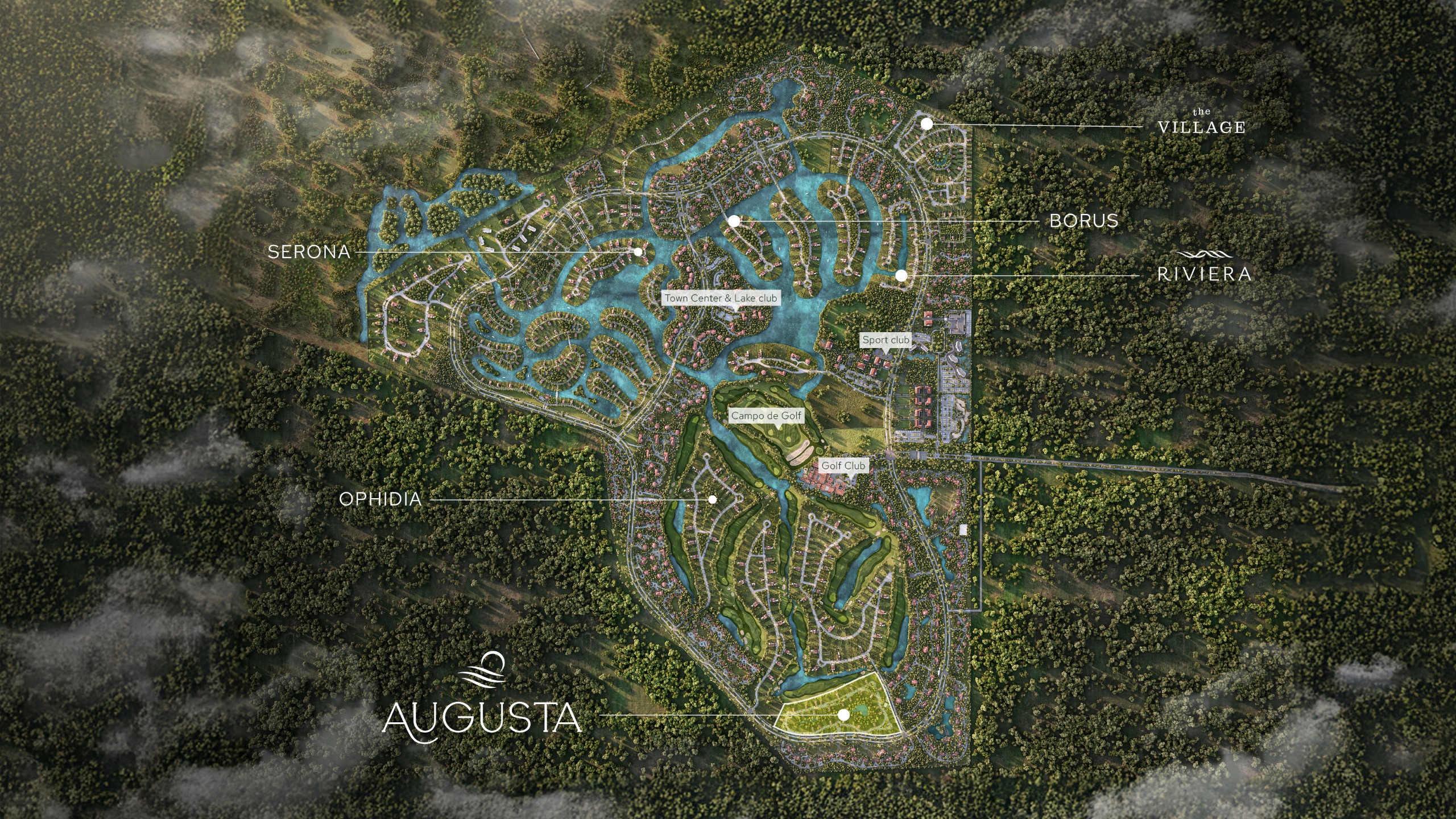 Country Lakes masterplan aéreo — Augusta at Country Lakes junto al campo de golf Greg Letsche, Mérida Yucatán