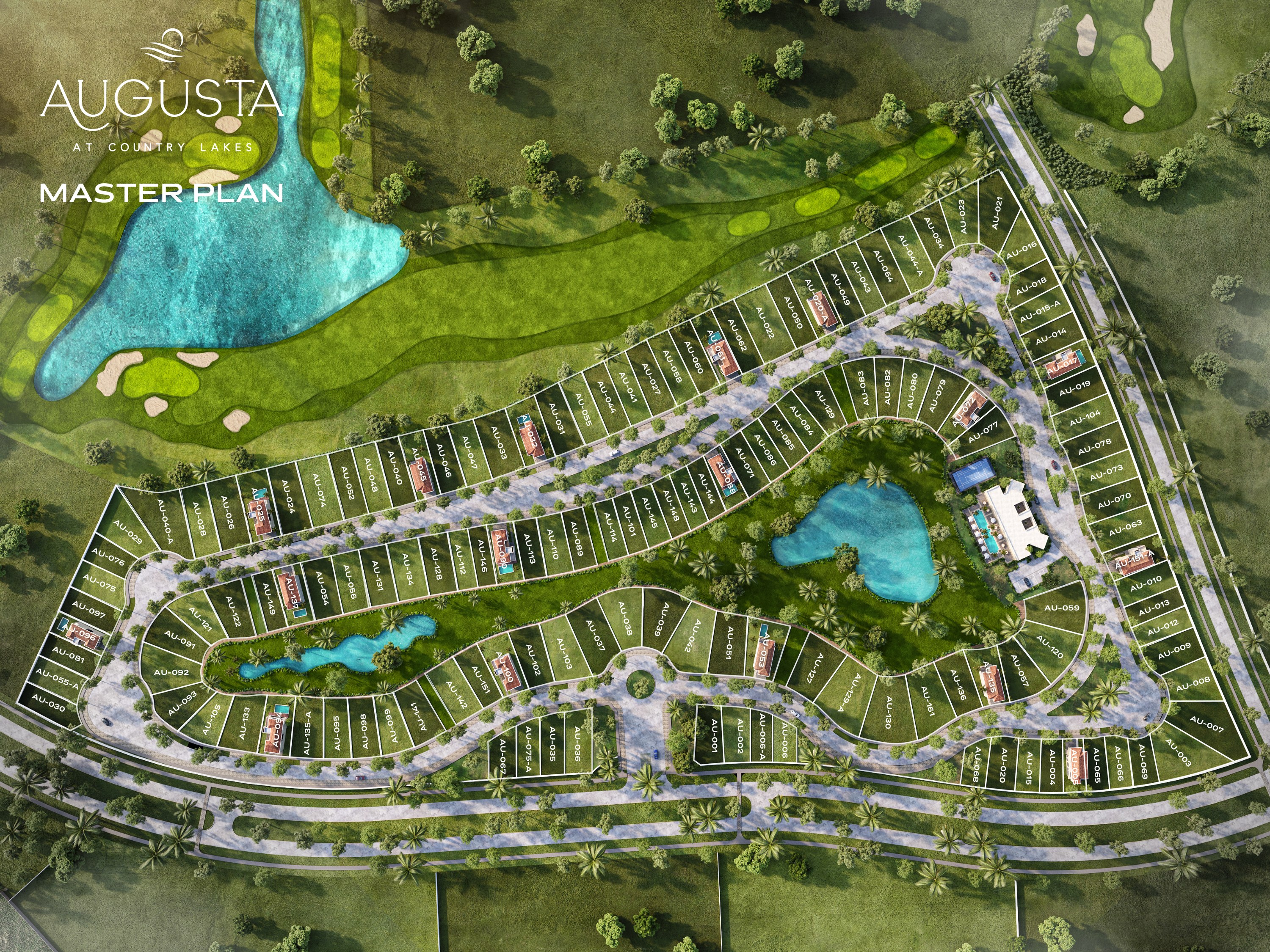 Augusta at Country Lakes — Masterplan con los 140 lotes residenciales frente al campo de golf de Greg Letsche